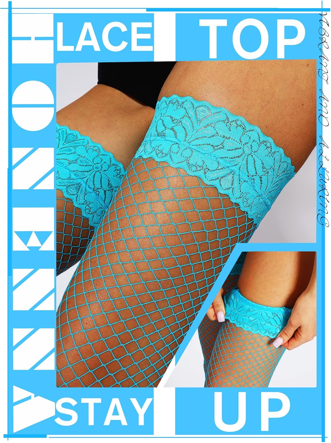 HONENNA Fishnet Thigh High Stockings, 20+ Colors Silicone Lace Top Stay Up Nylons Tights for Woman, Size A-D - Image 3