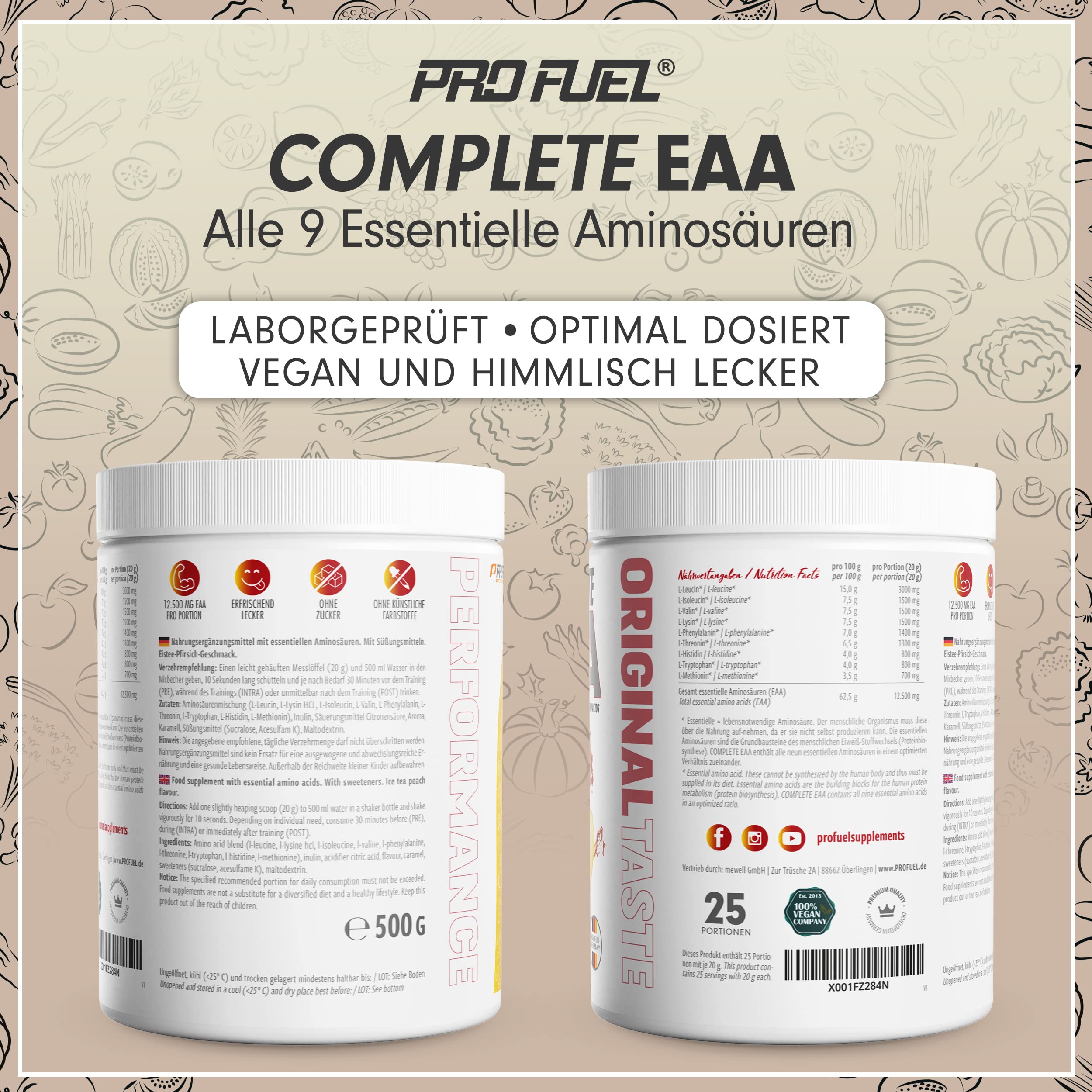 EAA Pulver 2x500g ICE TEA PEACH - 12.500mg essentielle Aminosäuren, unglaublich lecker & erfrischend - COMPLETE EAA mit allen 9 EAAs inkl. Histidin - EAA vegan Aminosäuren Pulver - Amino Drink