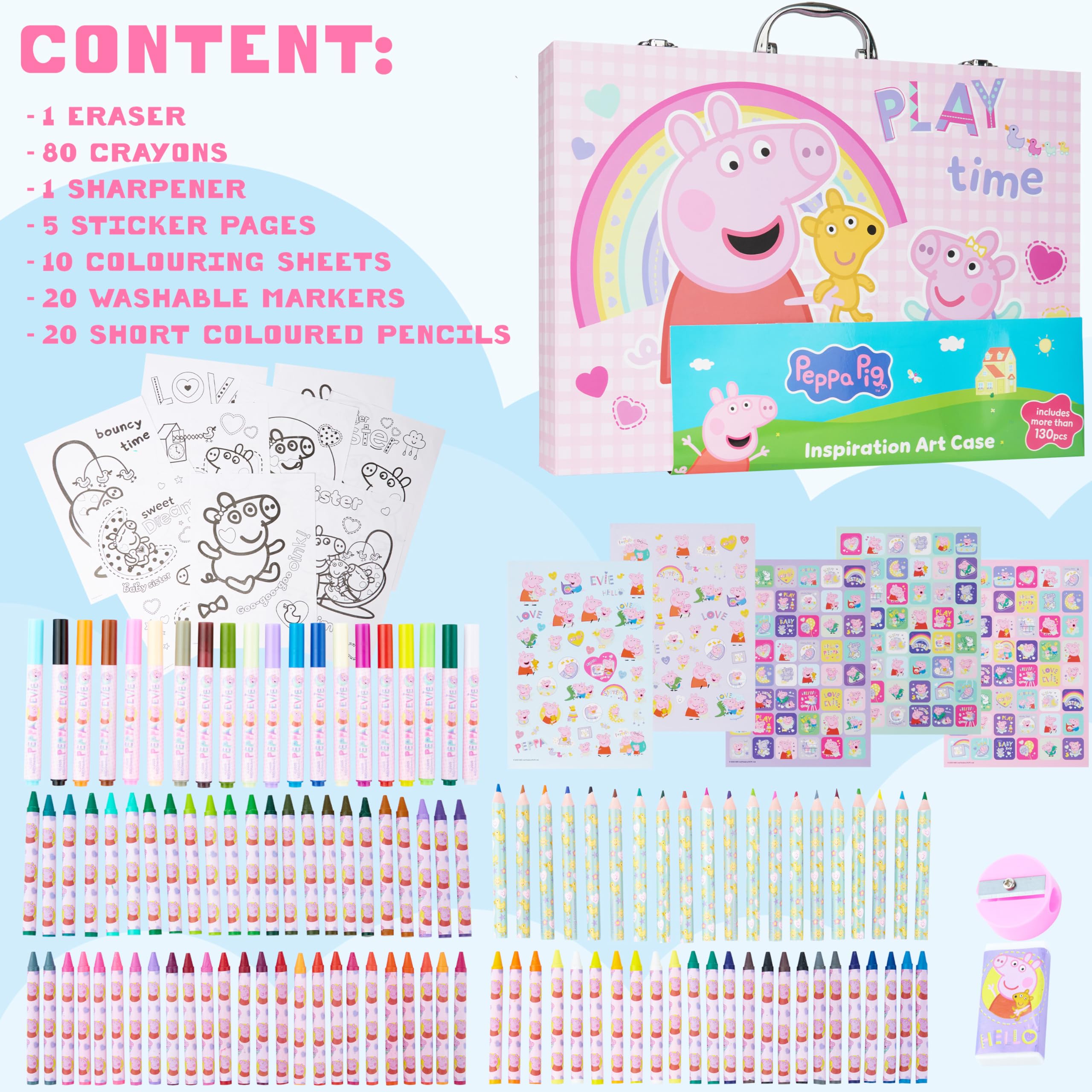 Peppa Pig Malkoffer Kinder Set, 137-Tlg. Buntstifte, Bleistifte, Wachsmalstifte, A4 Malpapier, Radiergummi & Mehr, Peppa Wutz Geschenke für Kinder