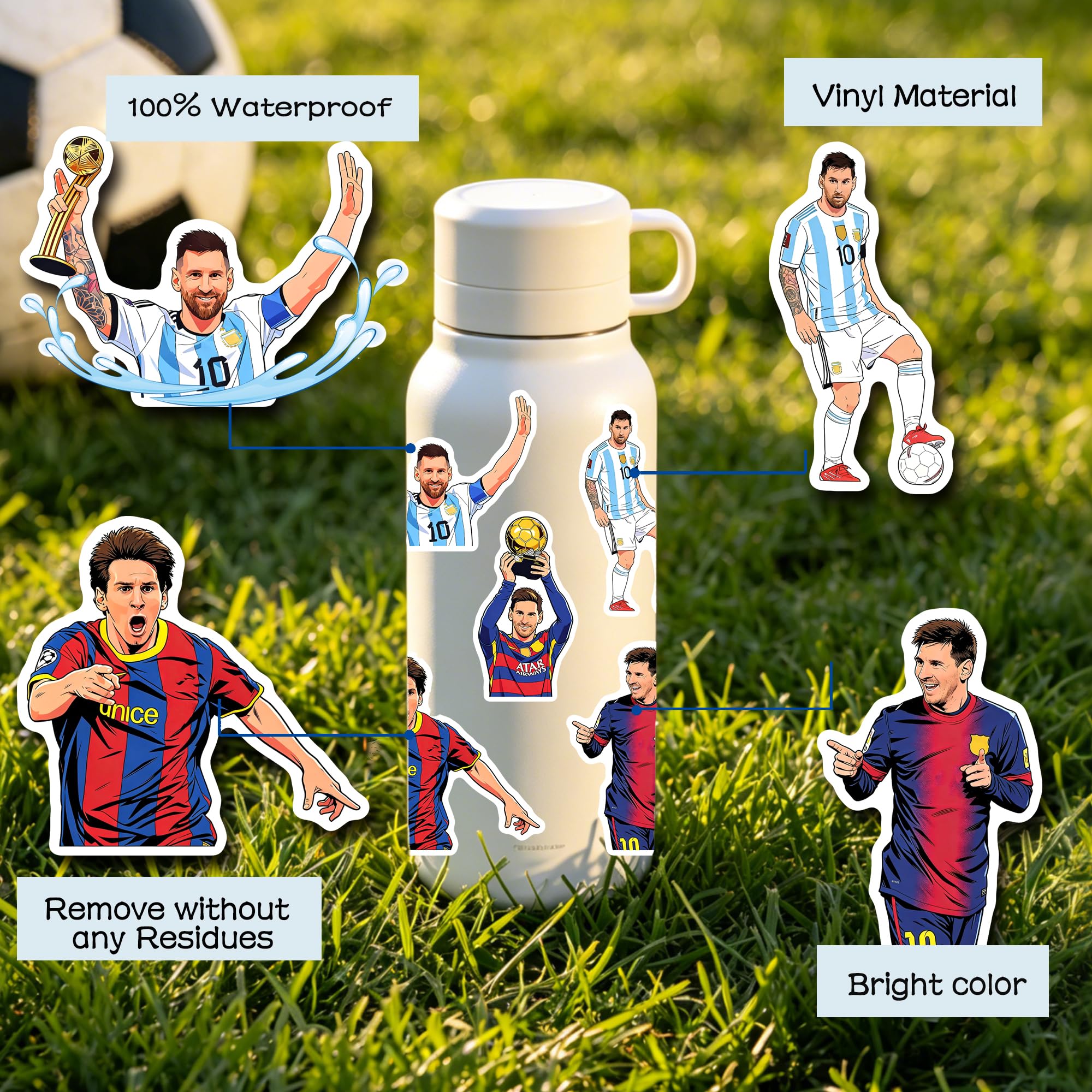 50 PCS Soccer Stickers Messi for Kids Gift Vinyl Waterproof Water Bottle Football Stickers Boys Girls Teens