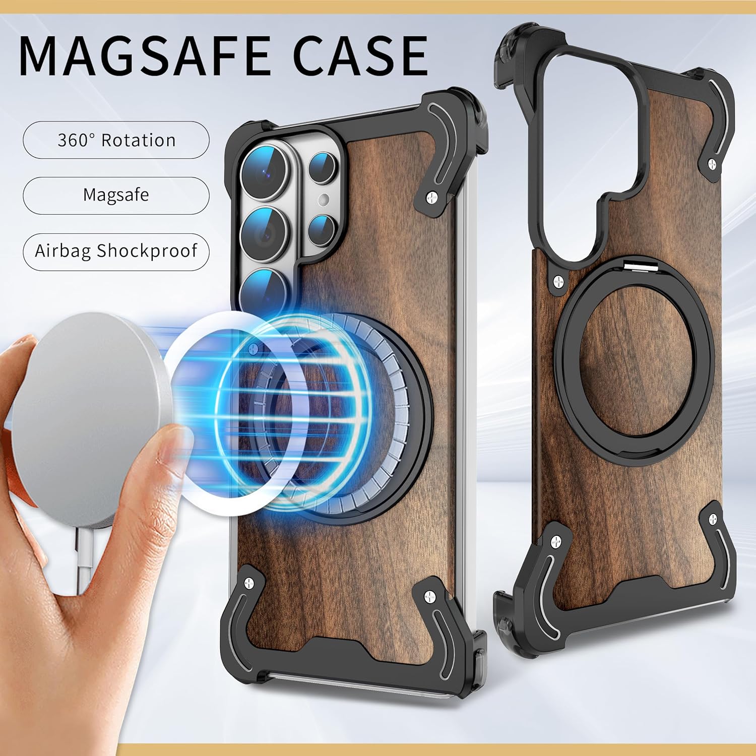 Walnut Wood Aluminum Bumper Case for Galaxy S26 Ultra, Magnetic Ring for Charging Mounts 360°Degree Rotating Stand Slim Frameless Edge Shockproof Corner Cushion Camera Guard, [MW Black]