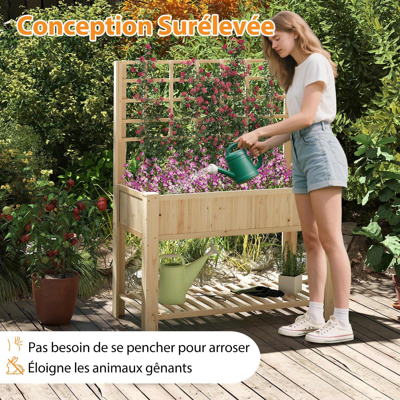 COSTWAY Jardinière Surélevée en Bois avec Treillis Métallique (Naturel)