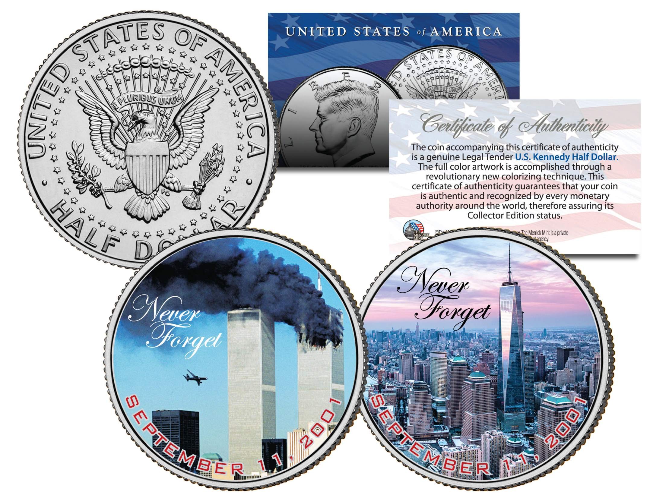World Trade Center 9/11 WTC Colorized JFK Half Dollar US 2-Coin Set Actual Plane