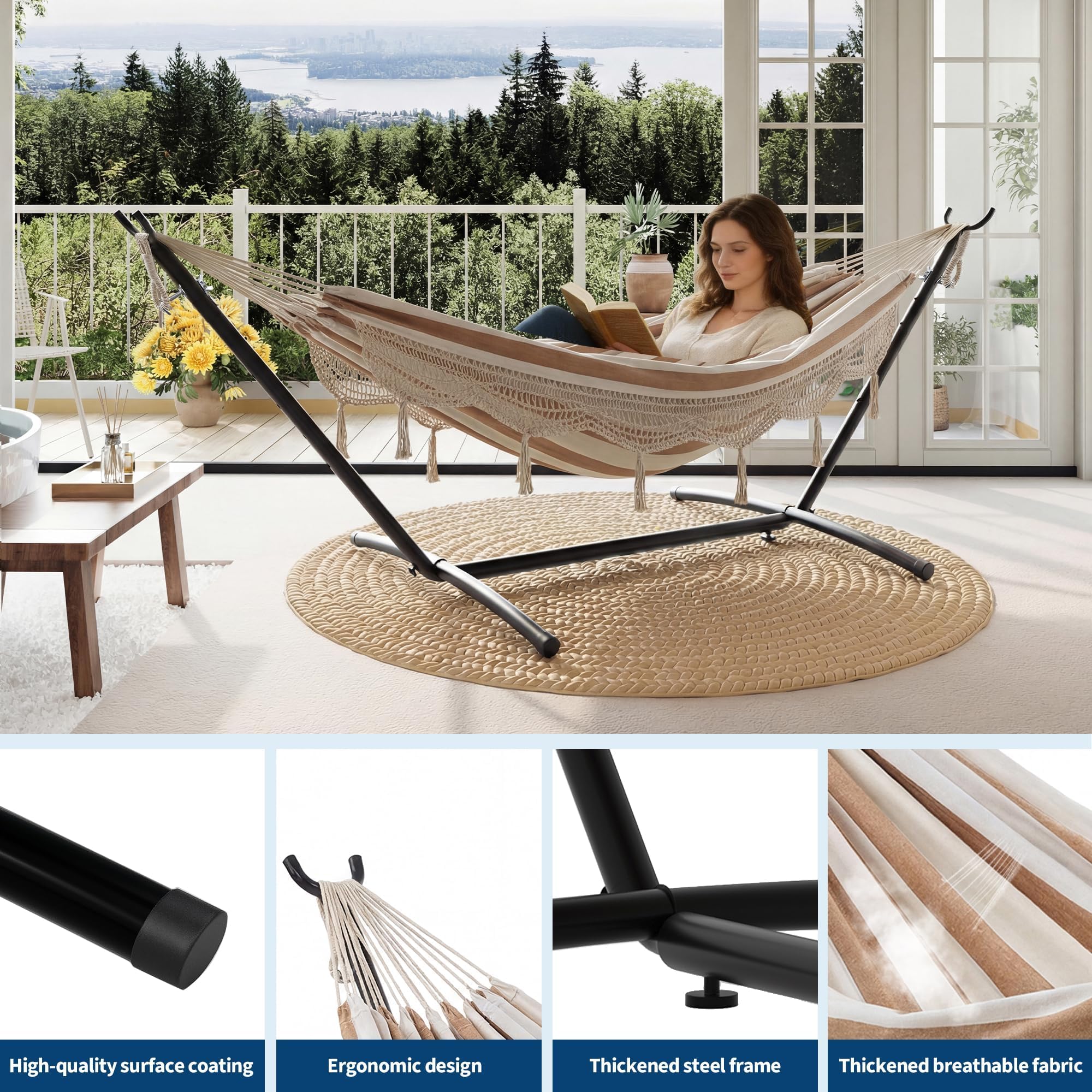 Garvee Hamaca Doble con Soporte de Acero 275cm, Cama de Algodón con Borlas Blancas, Diseño de Rayas Amarillas y Blancas, Capacidad 205kg, Hamaca Portátil y Resistente para Jardín, Terraza y Camping