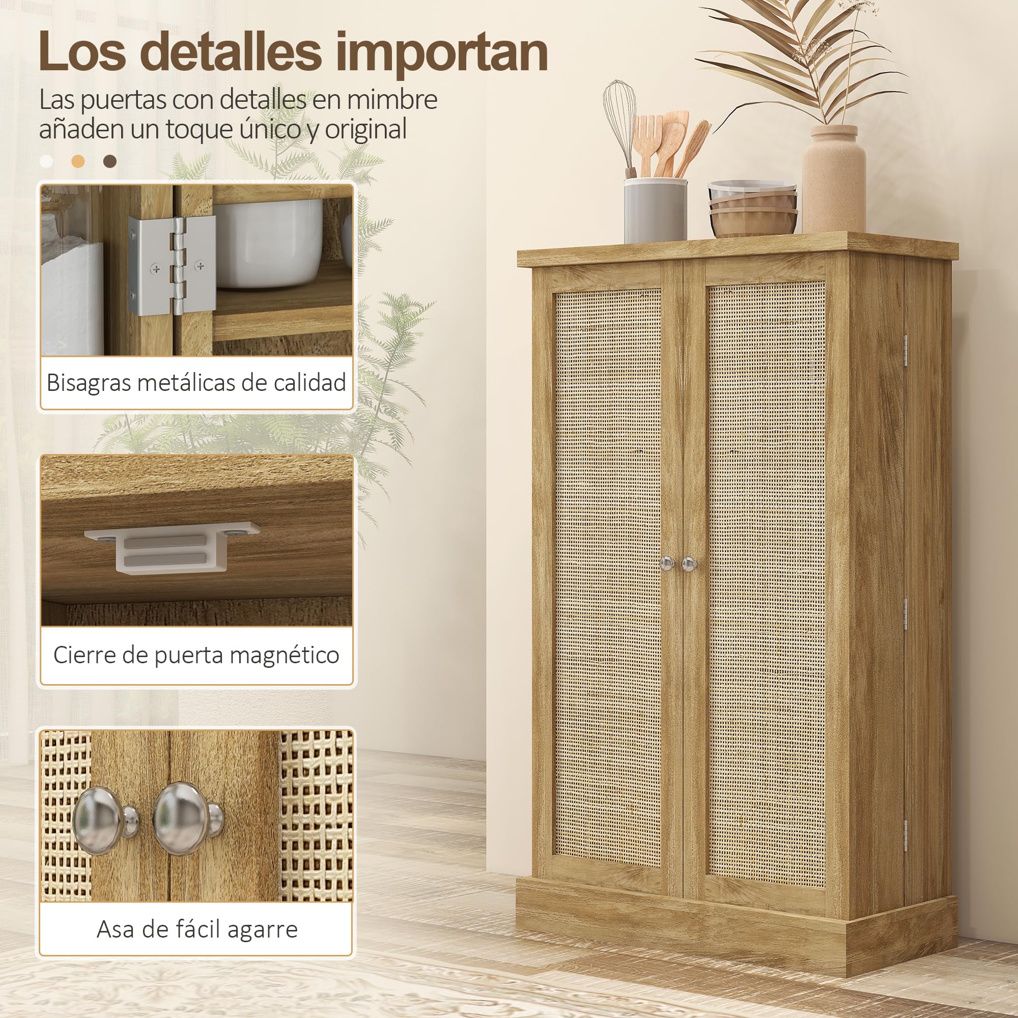 HOMCOM Armadio da cucina Armadio dispensa da cucina con 2 ante in rattan e 16 ripiani Armadio da cucina moderno con ripiani regolabili per sala da pranzo soggiorno 60x30x104 cm Naturale