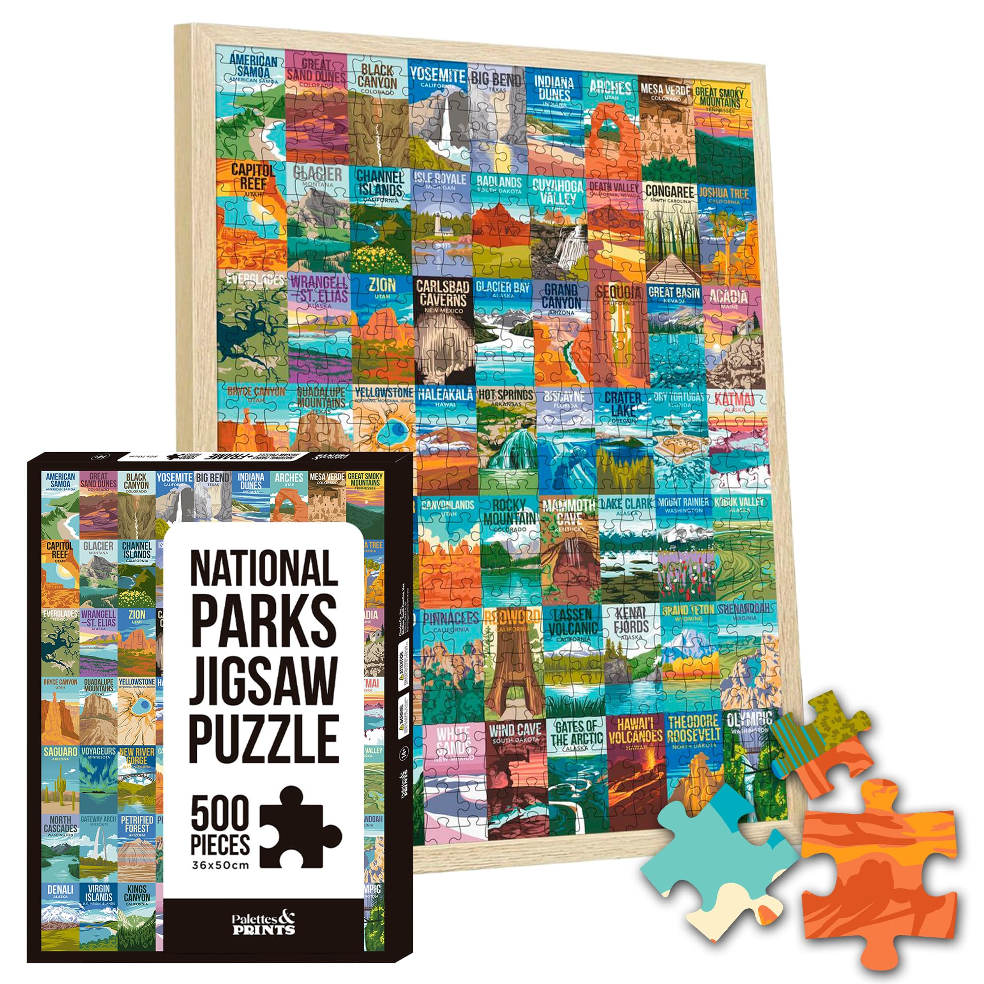 National Parks Puzzle for Adults 500 Pieces, Hand-Drawn Illustrations of National Parks, Zion, Yellowstone, Yosemite, Beautiful Nature Landscape