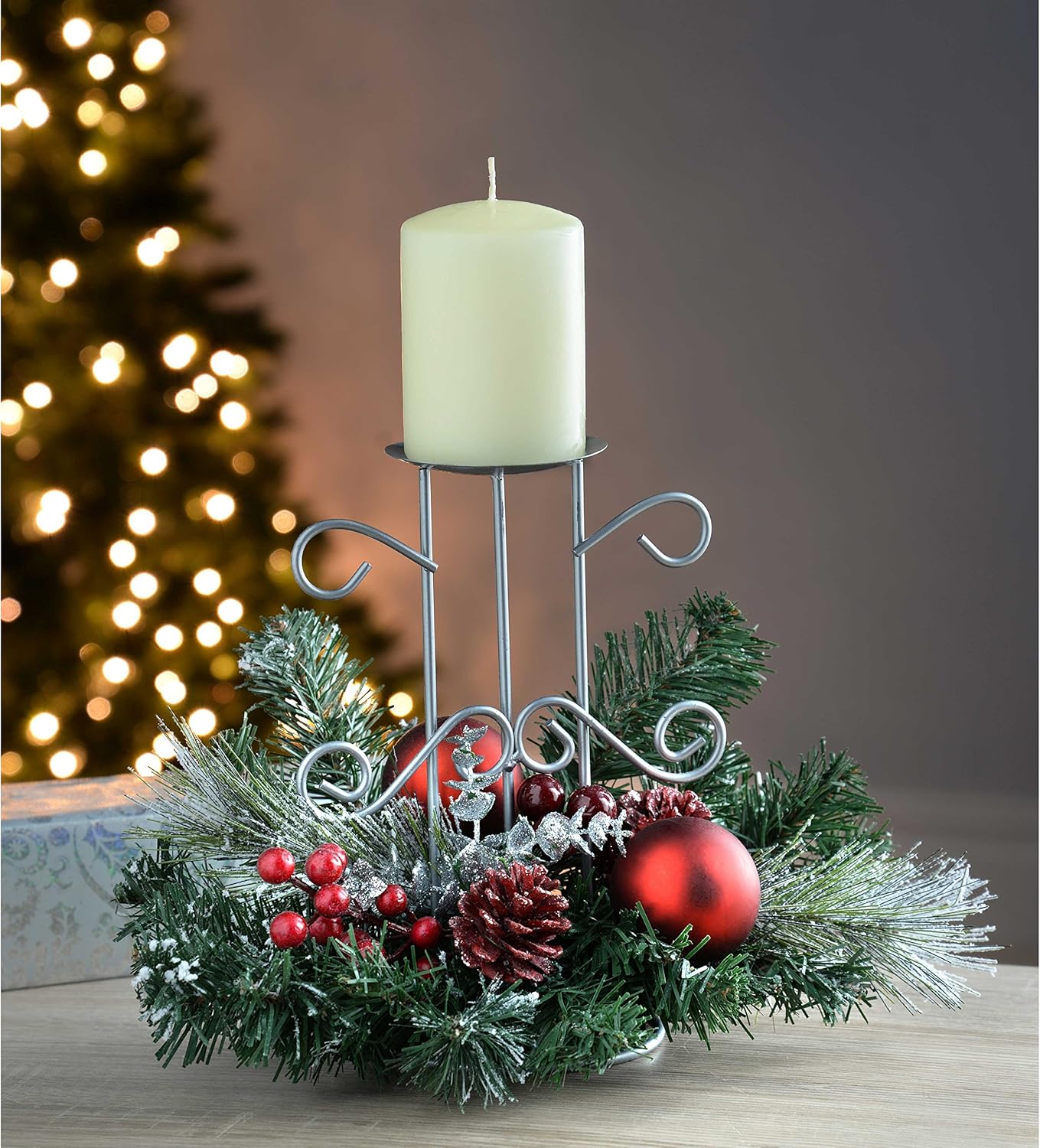 Frosted Decorated Table Centre Piece with Single Pillar Candle Holder, 22 cm - Red