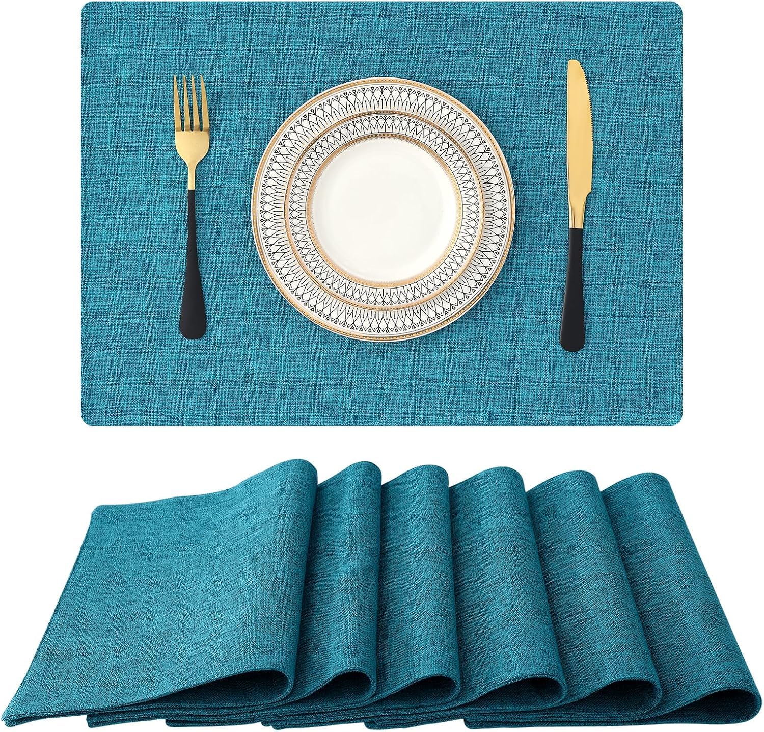 homaxy cloths placemats for dining table set of 6, heat resistant washable cotton linen blend table mats, easy to clean place mats for indoor outdoor party kitchen decoration, 13" x 19", teal