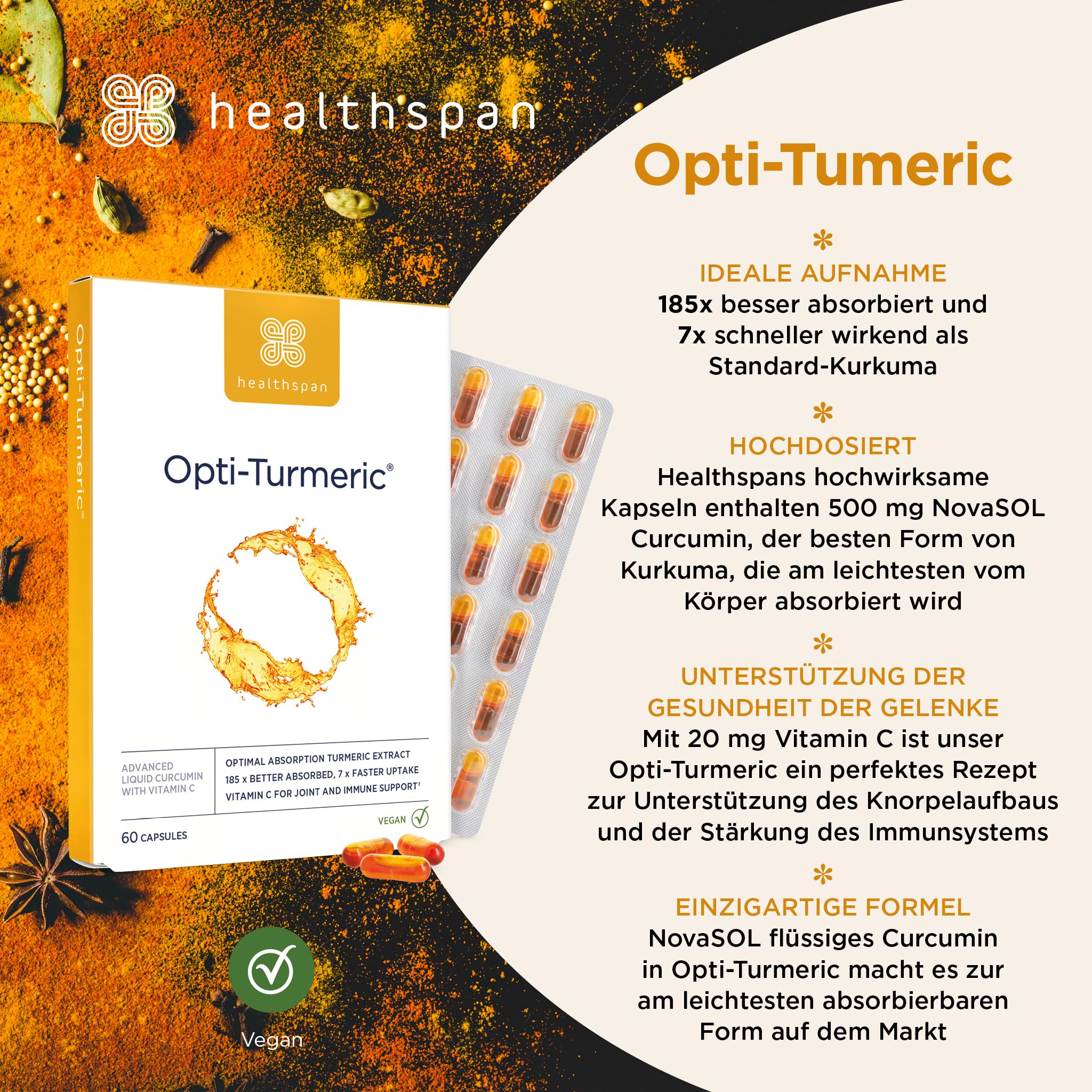 Healthspan Opti-Turmeric | hochfestes flüssiges Curcumin mit 500 mg | unterstützt Knorpelbildung | Superfood | 185-mal besser absorbiert und 7 mal schneller als Standard-Kurkuma | Vegan (60 Kapseln)