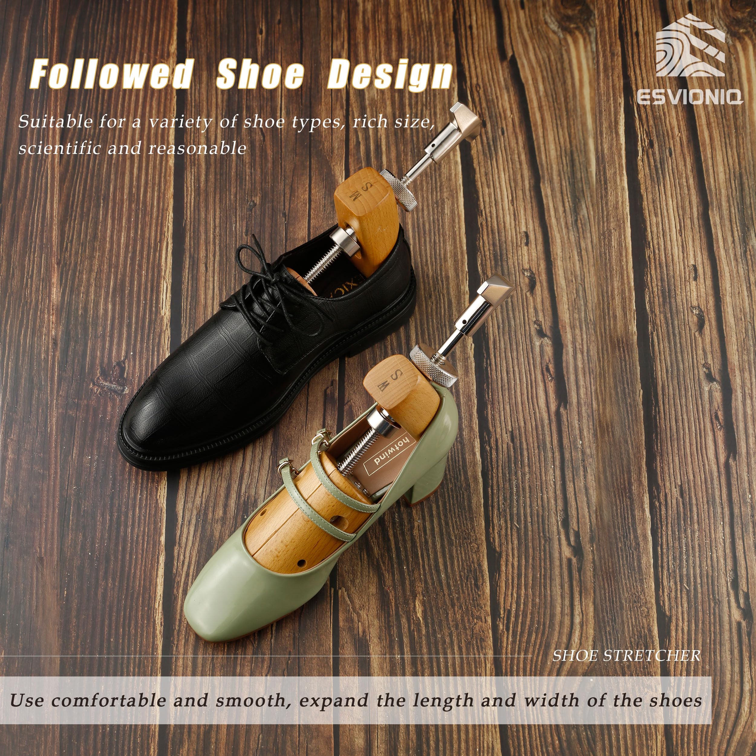 Extensor de zapatos de madera de 2 vías para ajustar el ancho y la longitud del zapato para hombres y mujeres, con piezas metálicas resistentes.