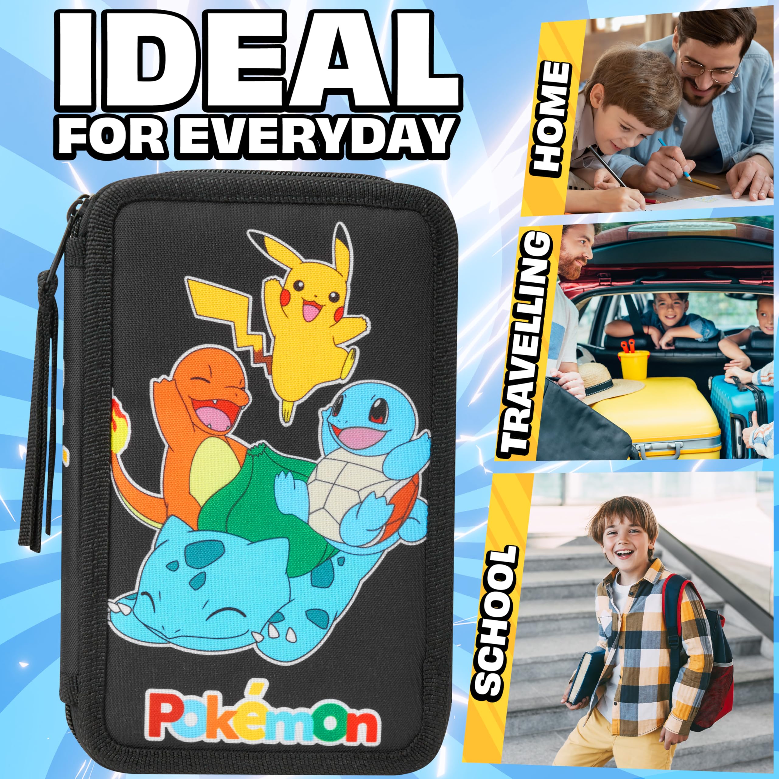 Pokémon Riempito Astuccio Bambino, Pikachu Astucci per Scuola, Set di Cancelleria(Nero/Multicolore)