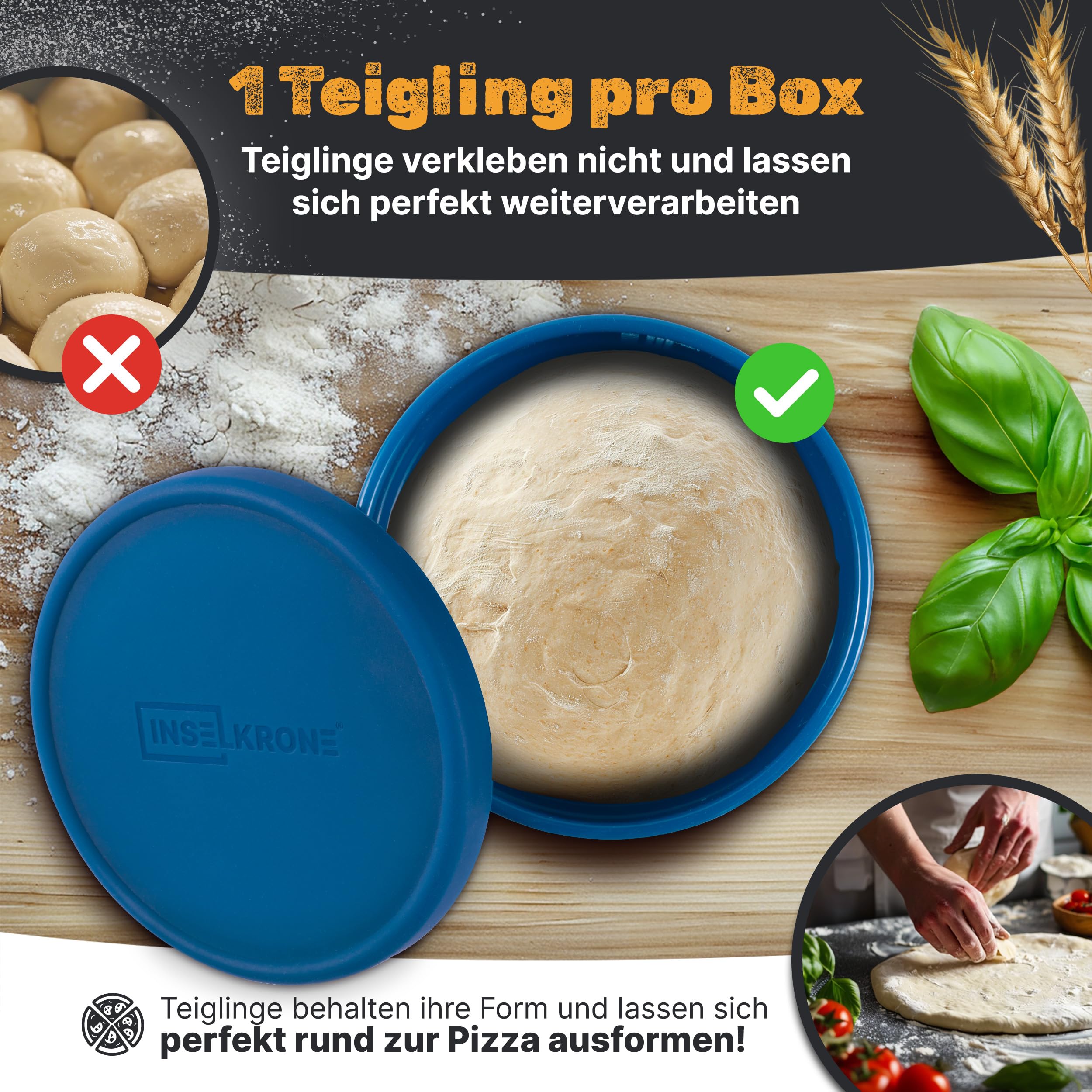 Scatola per pizza con coperchio, set da 4 pezzi, in silicone flessibile, fino a 350 g, con coperchio, traspirante, per pizza, per la fermentazione, colore blu, diametro 14 cm