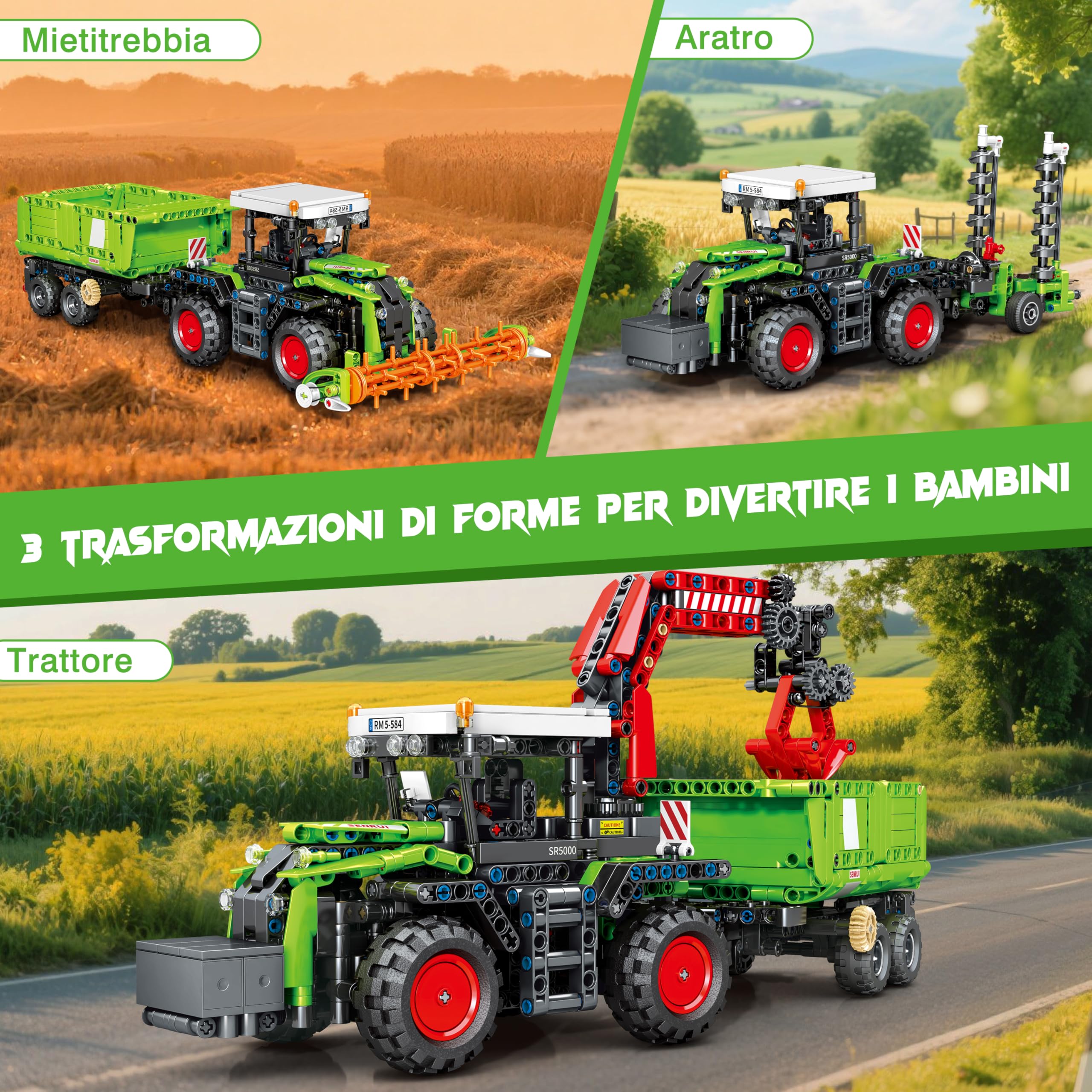 Charmofun 3 in 1 Technic Trattore Mietitrebbia, Mietitrebbia Trattore Giocattolo per Bambini e Bambine da 12 anni, Veicoli Agricoli Giocattoli a Blocchi da Costruzione Regalo per Bambini