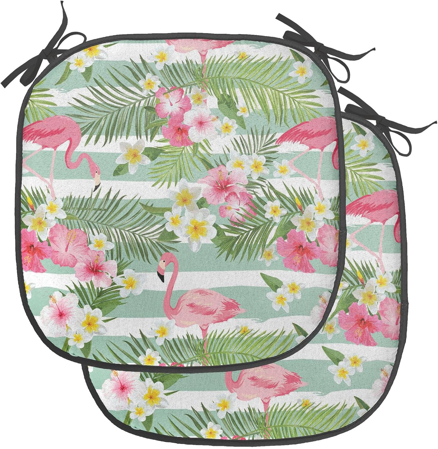 Ambesonne Flamingo Chair Seating Cushion Set of 2, Flamingos with Exotic Hawaiian Leaves Flowers on Striped Vintage Background, Anti-Slip Seat Padding for Kitchen & Patio, 16"x16", Green Pink White