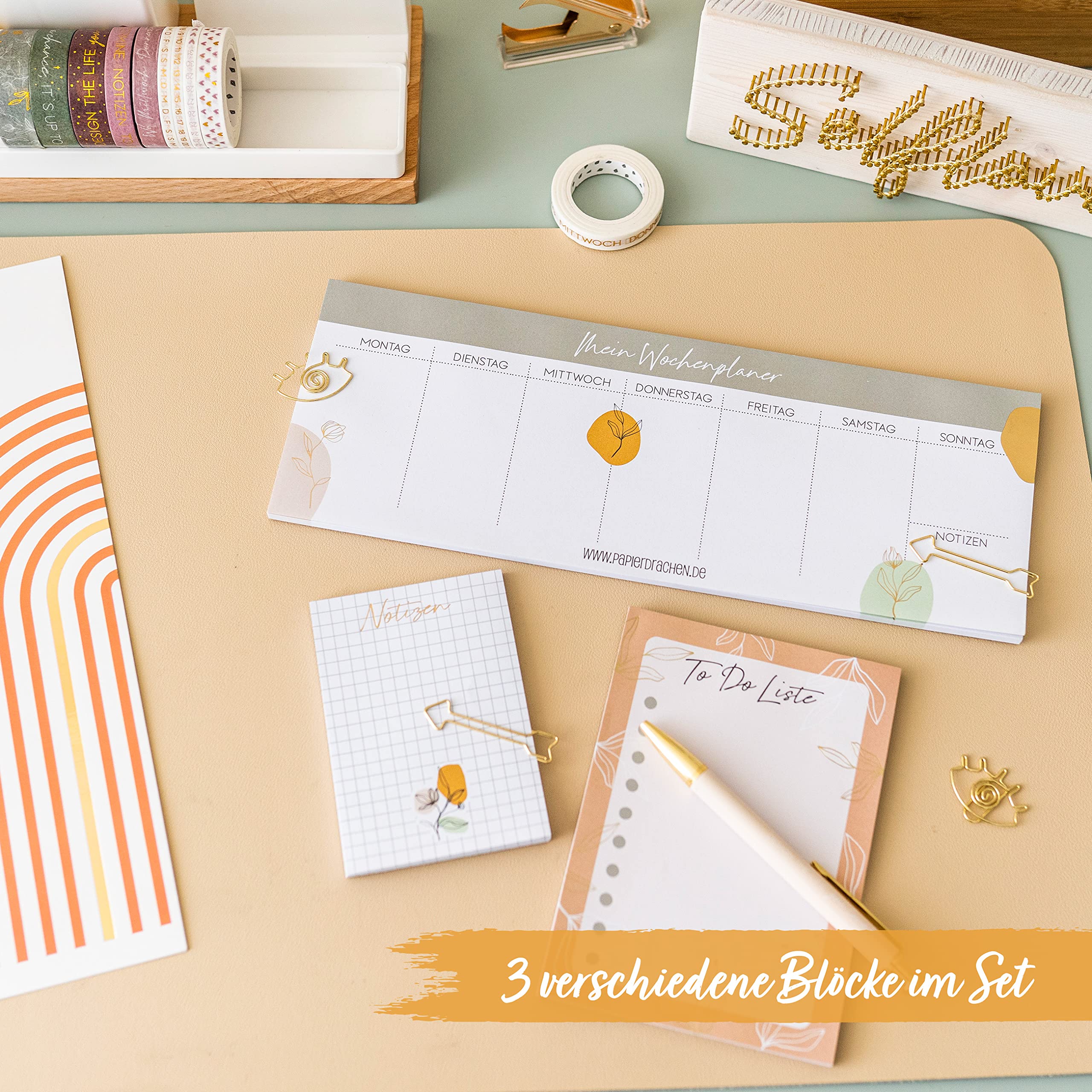 Papierdrachen Weekly Planner, 3 Writing Pads for Notes and To Do List, Daily Planner Springflower, Ideal for School Work - Image 2