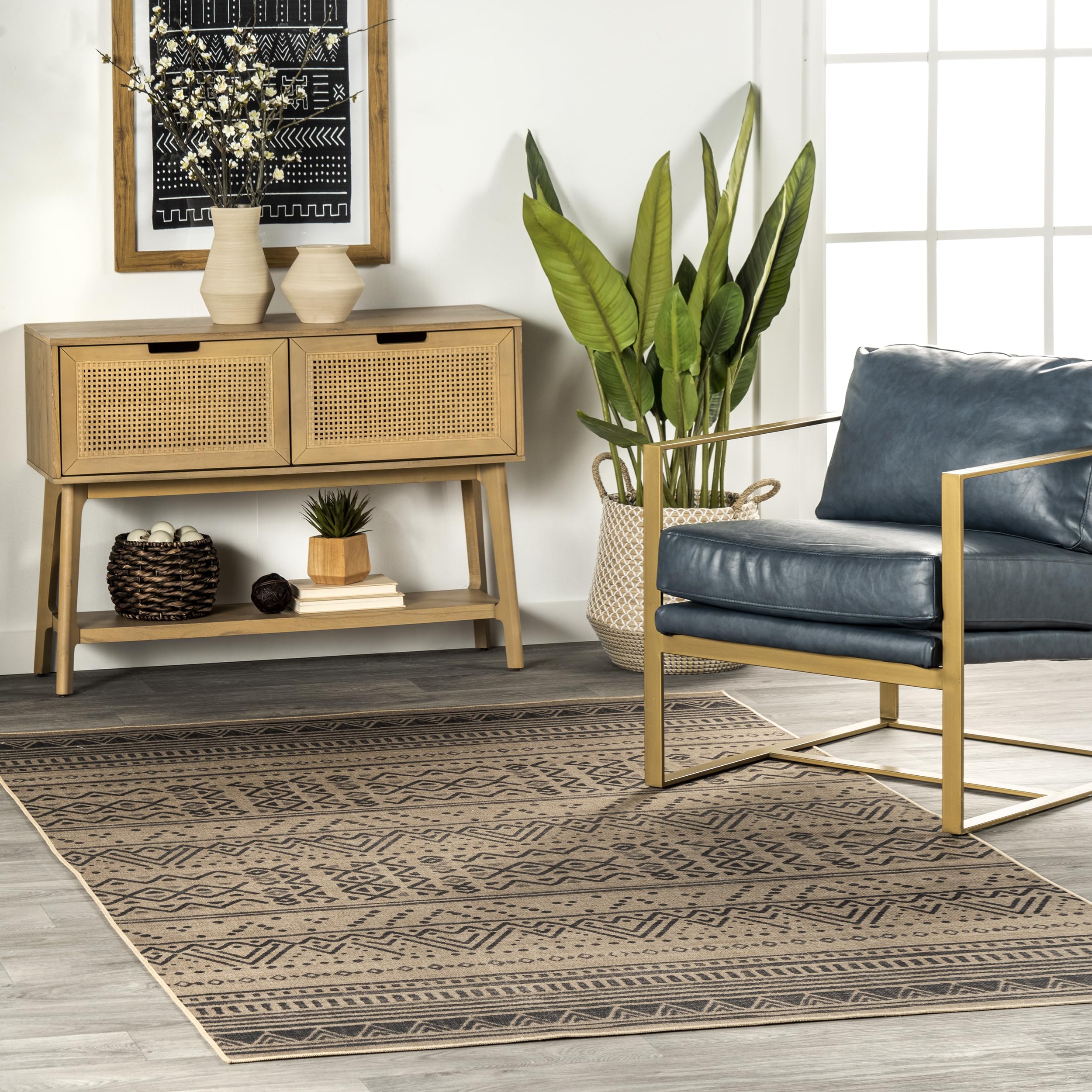 Tapis tribal en jute nuLOOM lavable en machine style naturel aspect tressé pour salon 150x240 cm