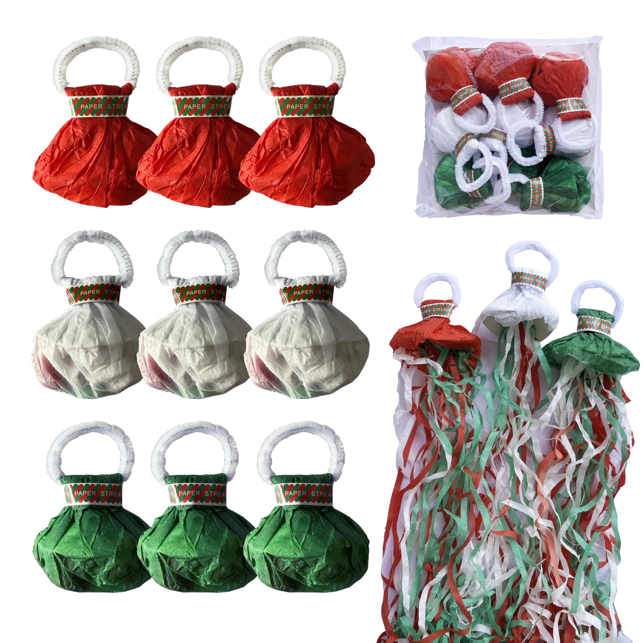 Christmas Hand Throw Streamers 9Pack, Red Green White Christmas Party Decorations, Mario Theme Birthday Party Surprise, Christmas Gathering Surprise Voorpleasy