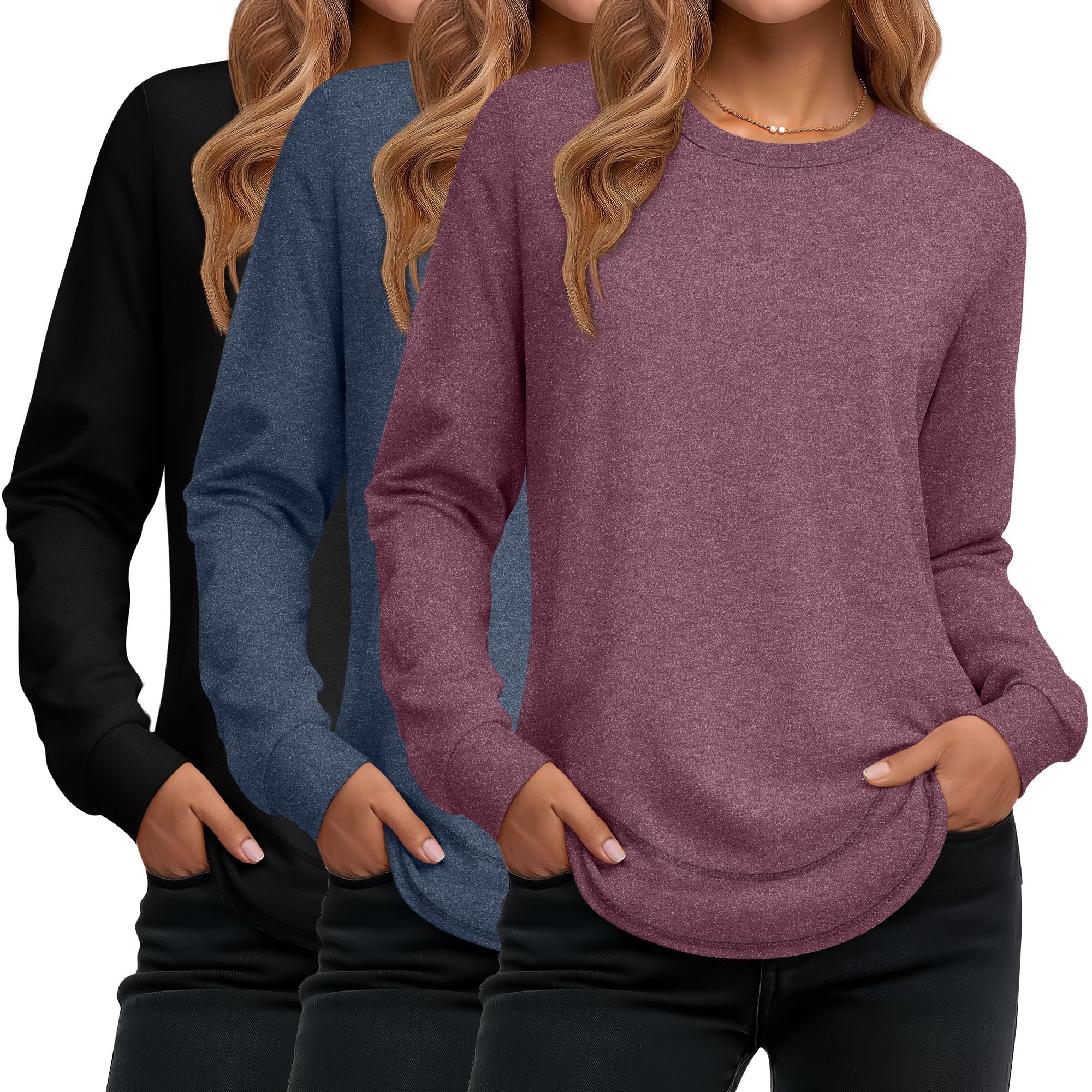 Ficerd 3 Pack Women's Long Sleeve Shirts, Cotton Crew Neck Tunic Tops Casual Loose Fit Pullover Sweatshirts Curved Hem Shirts