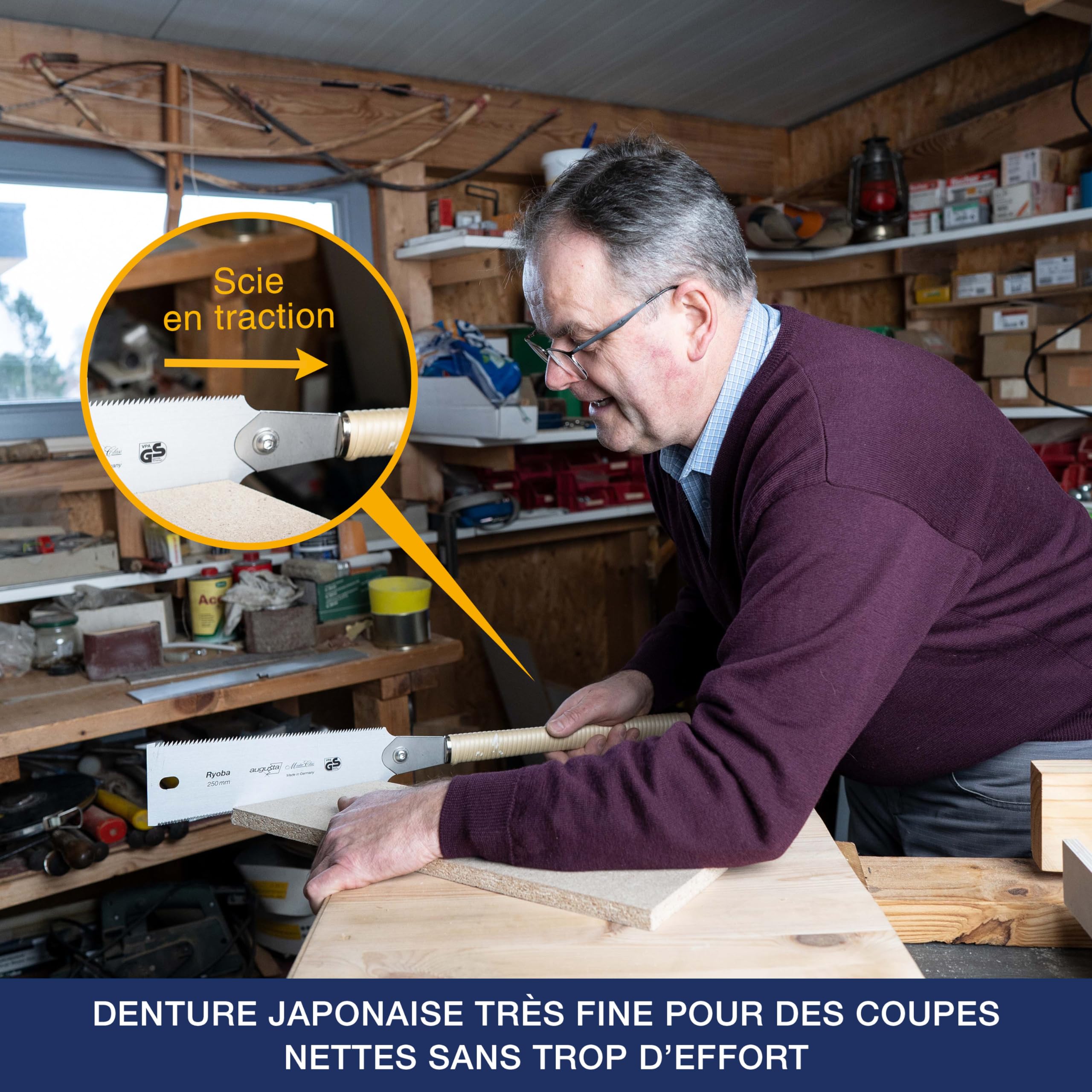 Augusta-Heckenrose scie japonaise Ryoba 240 mm I Scie traditionnelle acier C75 découpes fines et grossières I Scie à bois dentée flexible et poignée