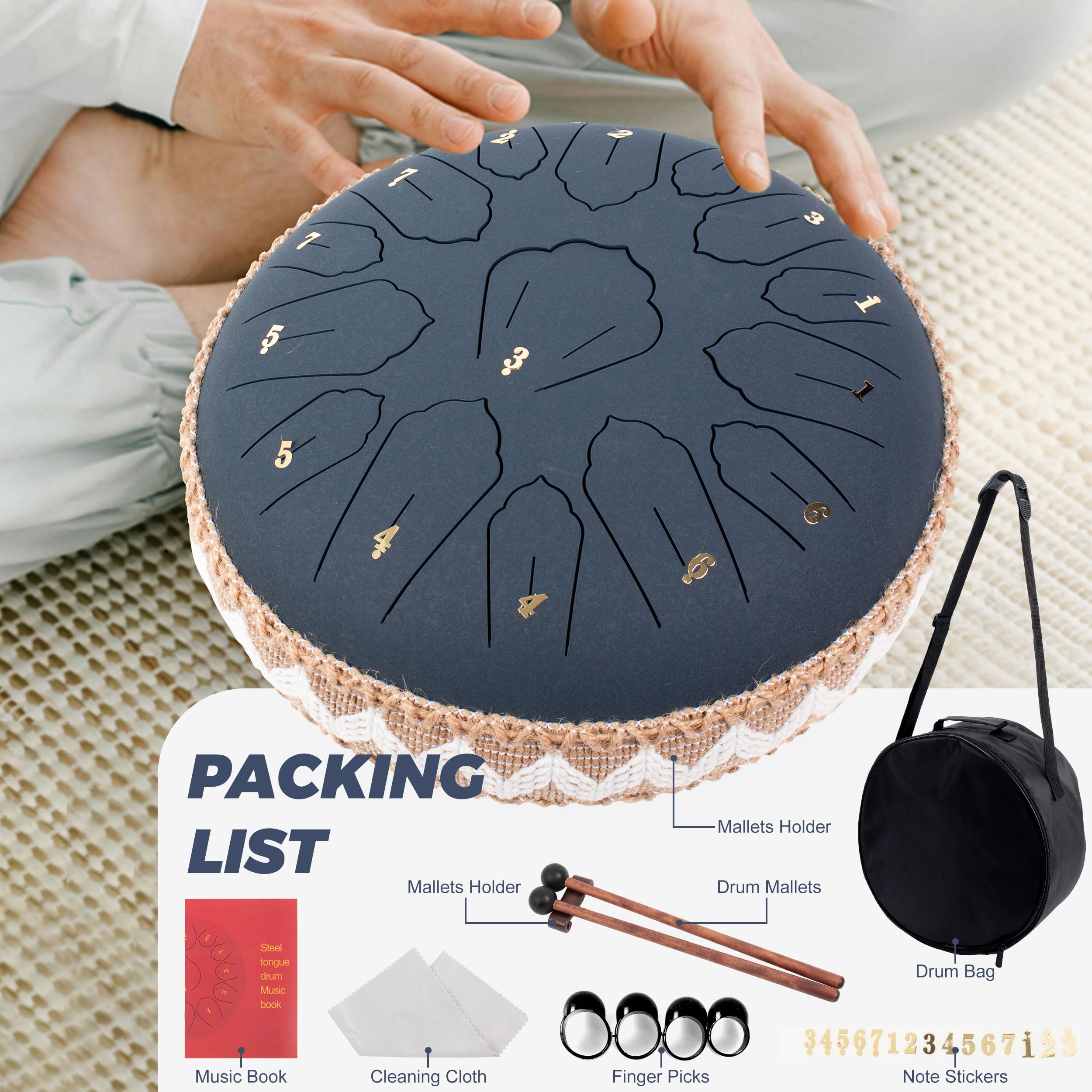 Handpan, Steel Drum, Hand Pan Drum, Bleu Marine | Steel Tongue Drum 15 Notes 12 Pouces 30cm C Majeur, Tambour à Langue en Acier Méditation et Yoga, Rain Drum Tambour a Pluie