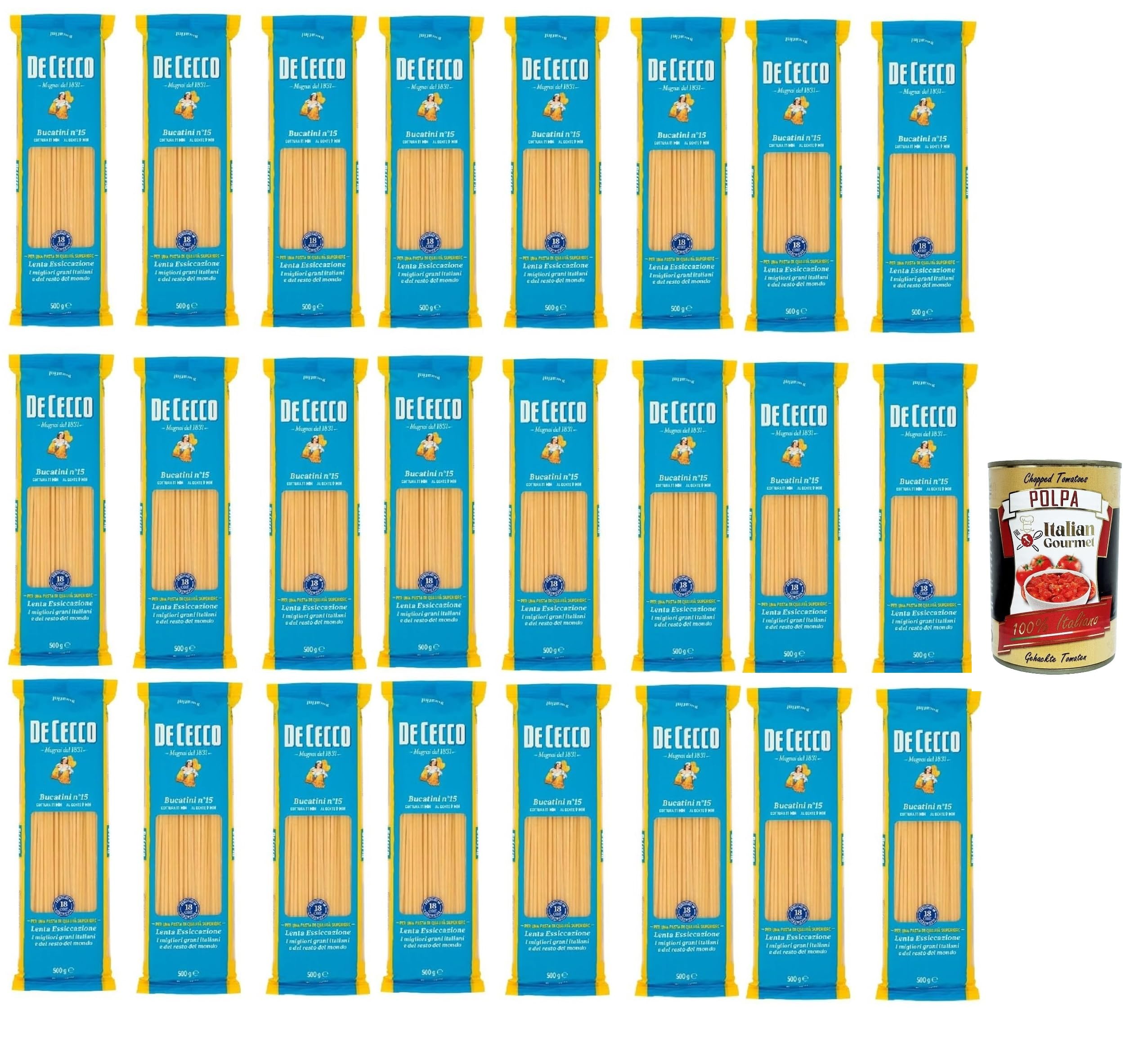 De Cecco Bucatini n°15, pasta 24 x 500 g, secado lento, sémola de trigo duro de calidad superior, cocción 11 min (al diente 9), ideal all'Amatriciana & cacio e pepe + italian Gourmet polpa 400 g