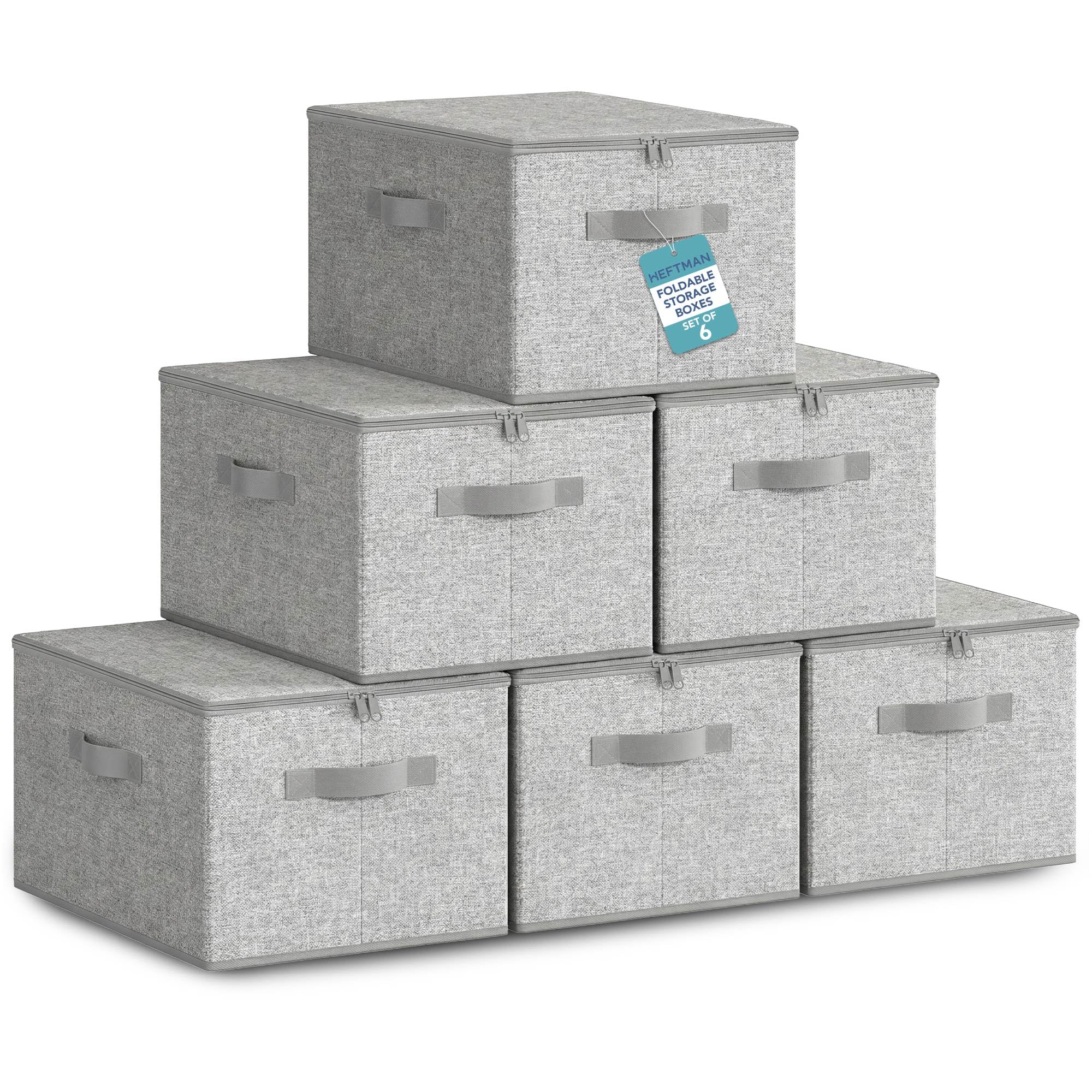 HEFTMAN Foldable Storage Boxes with Lids - Set of 6 (Light Grey) | 40 x 30 x 25cm, Non-Woven Fabric Storage Boxes with Lids & Handles, Collapsible Clothing Storage Box for Wardrobe, Bedroom