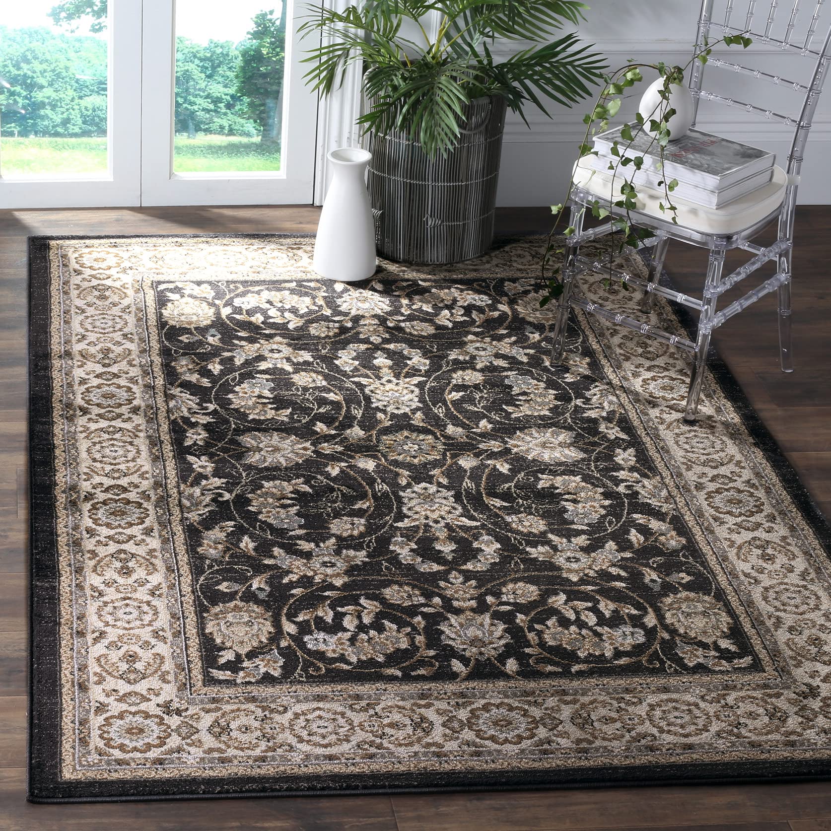 SAFAVIEH Lyndhurst Collection Area Rug - 5'3" x 7'6", Anthracite & Cream, Traditional Oriental Design, Non-Shedding & Easy Care, Ideal for High Traffic Areas in Living Room, Bedroom (LNH340D)
