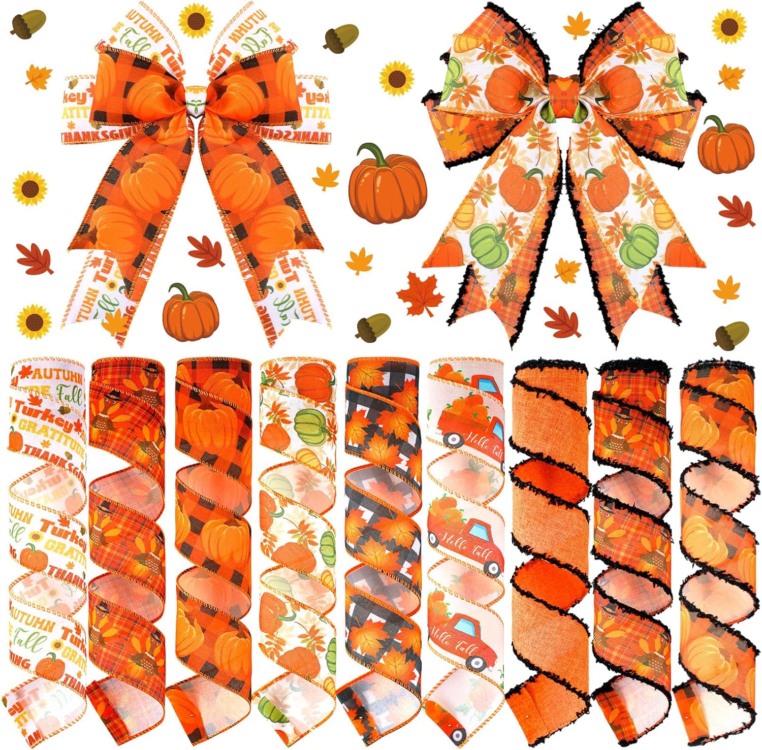 9 Rolls 45 Yards Thanksgiving Burlap Wired Wrapping Ribbon Buffalo Plaid Pumpkin Truck Turkey Maple Harvest Fall Ribbon Thanksgiving Wreath Decoration for Autumn Craft Bow Gifts Making
