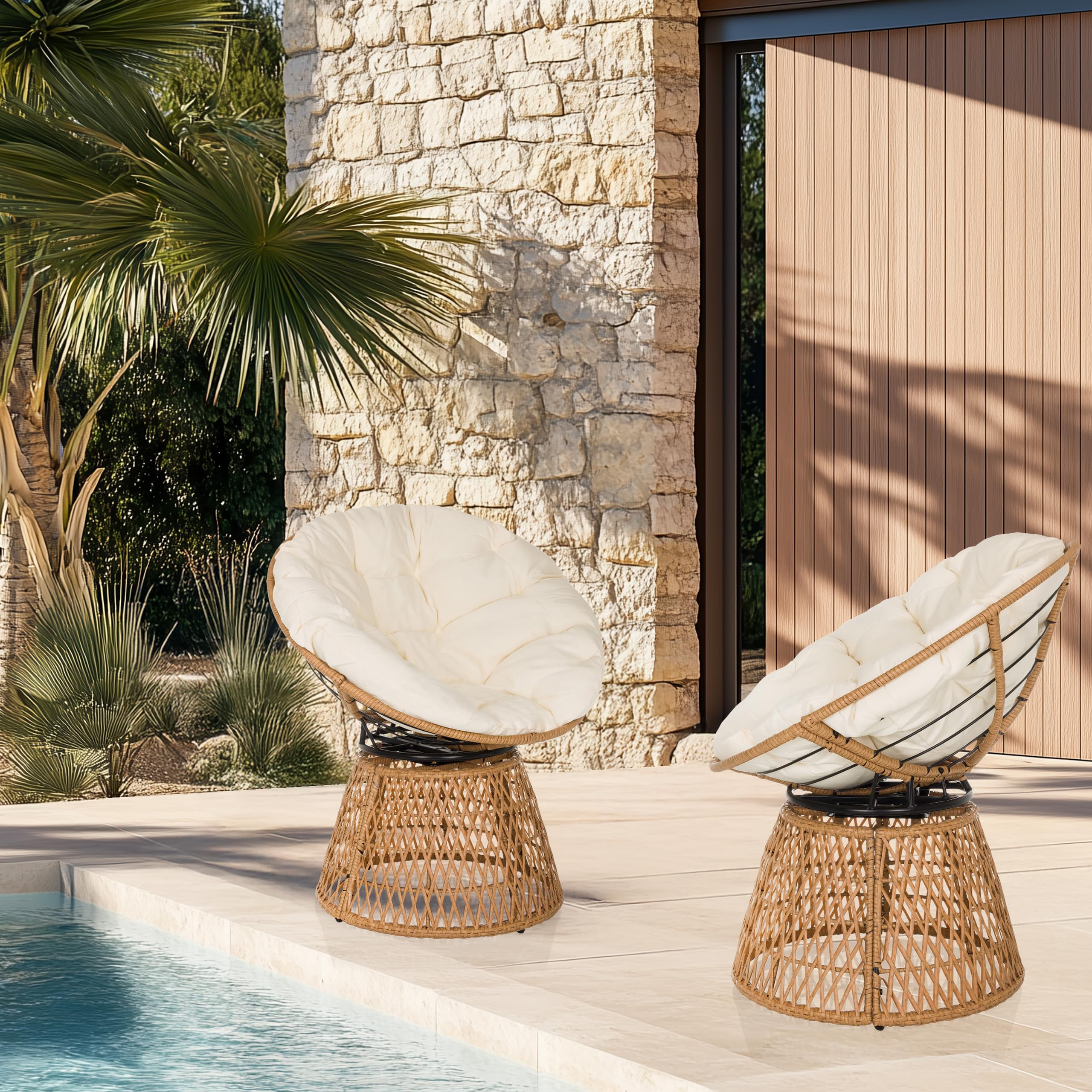 Sillón Papasan con cojín, sillón Giratorio de Exterior WEAVORA sillón de ratán Giratorio 360° para jardín balcón salón, Beige