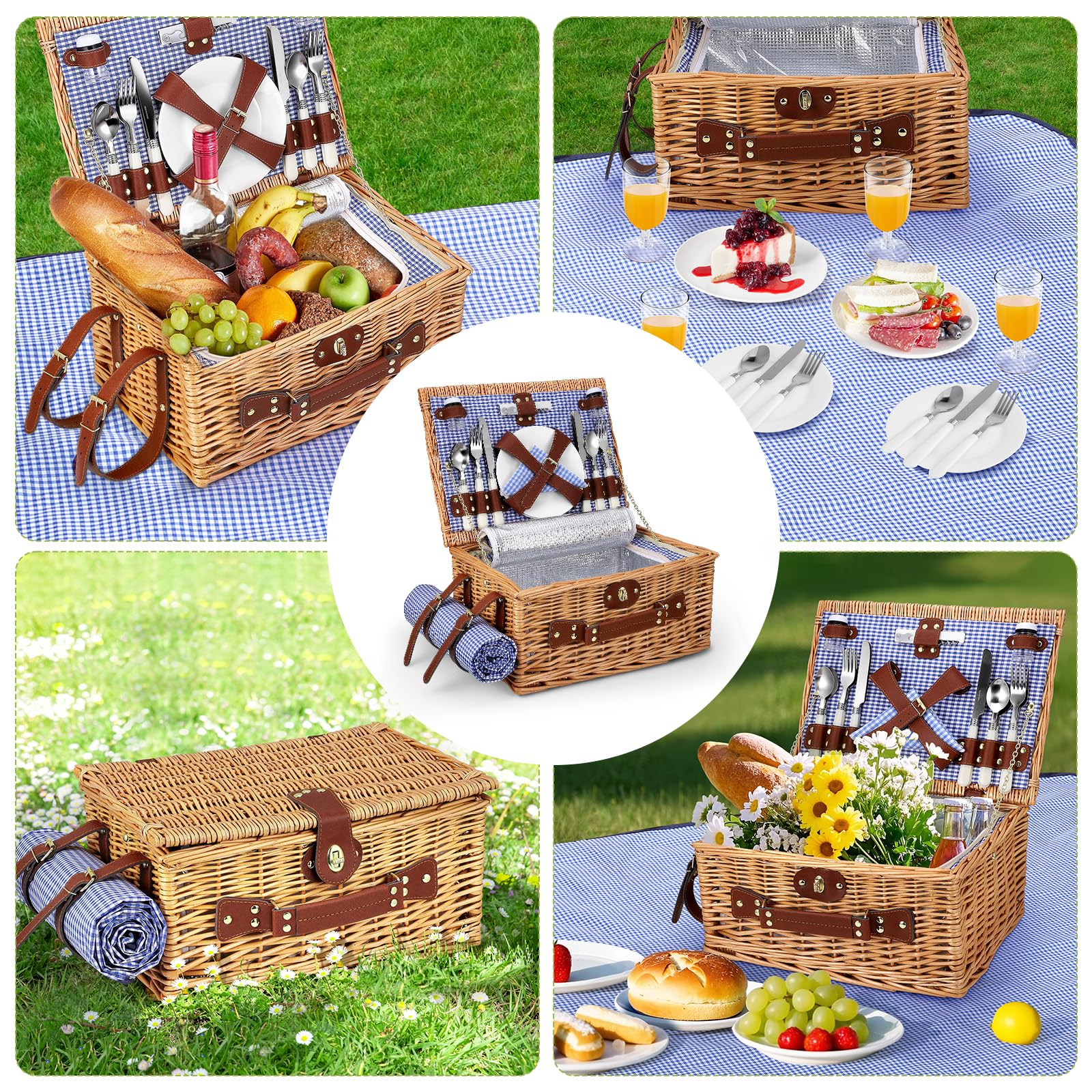 Cesta de Picnic Mimbre para 4 Personas, Cesta Trenzada a Mano con Aislamiento Integrado y Manta Impermeable – Set Completo con 4 Cubiertos, Platos, Vasos para Camping Playa jardín