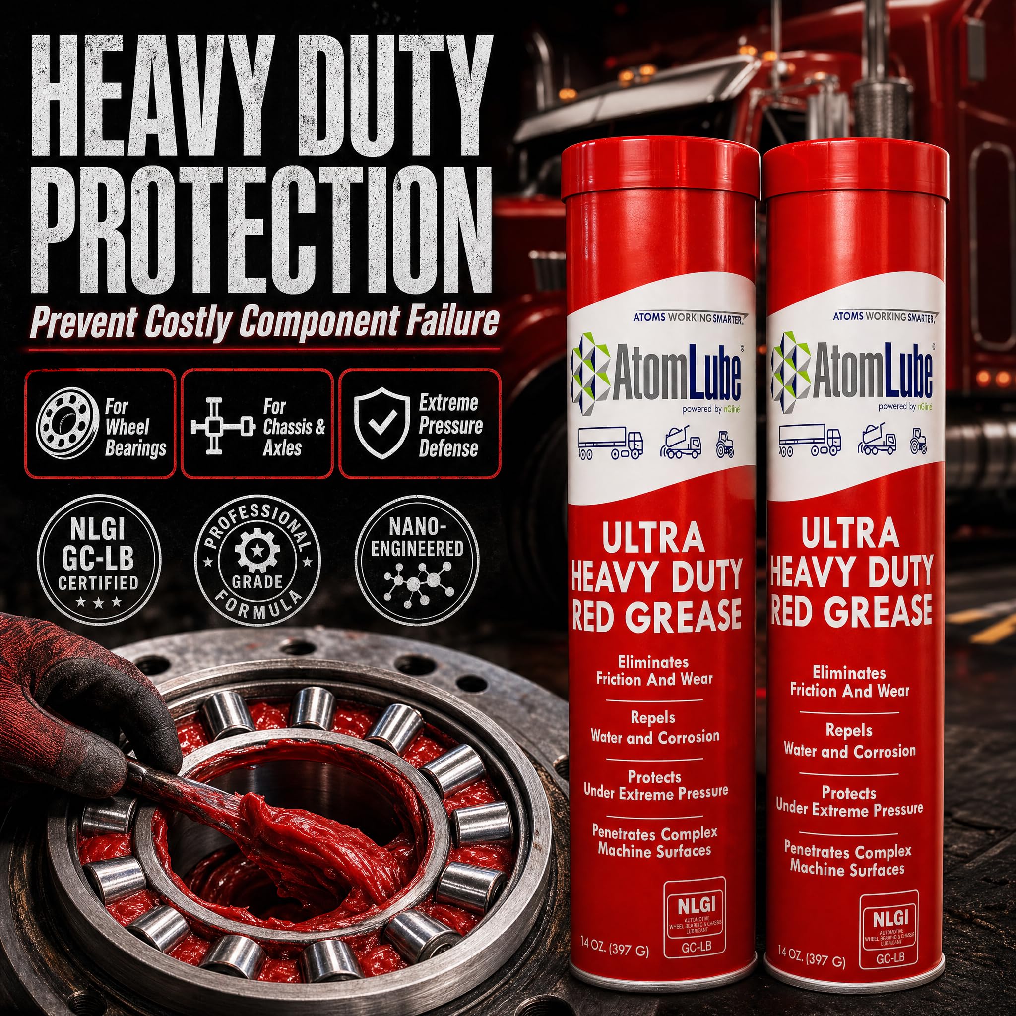 AtomLube Ultra Heavy Duty Red Grease | wodoodporne rury do smarowania i smarowania o wysokiej tempie do powierzchni metalowych, smar do akcesoriów do ciężarówek, 2 sztuki po 14 uncji