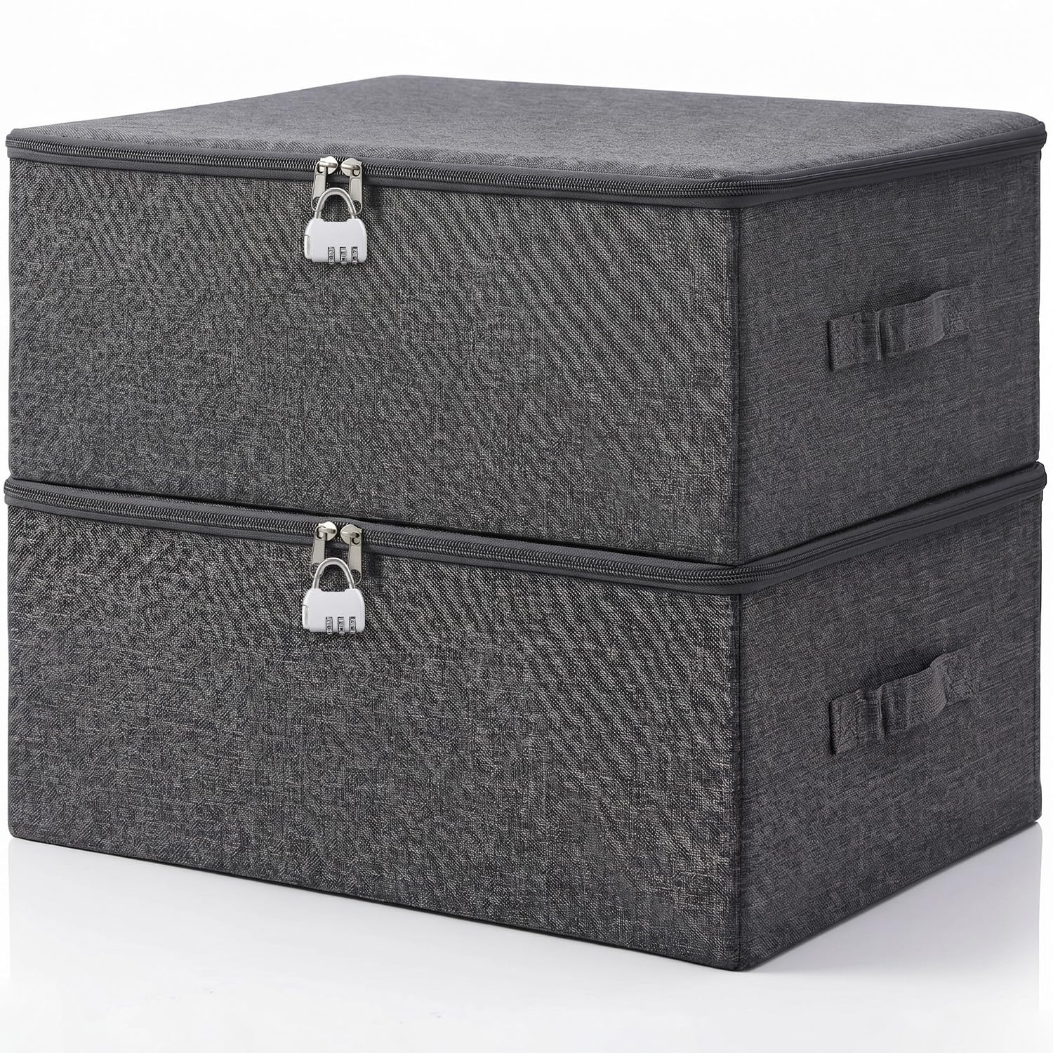 2PCS Lockable Storage Boxes with Lids,Large Moving Boxes,Grey Packing Boxes,Clothes Storage Bags with Zips,Small Lock Box,Collapsible Storage Box with 3 Handles for Toy/Towel/Duvet Storage(M)