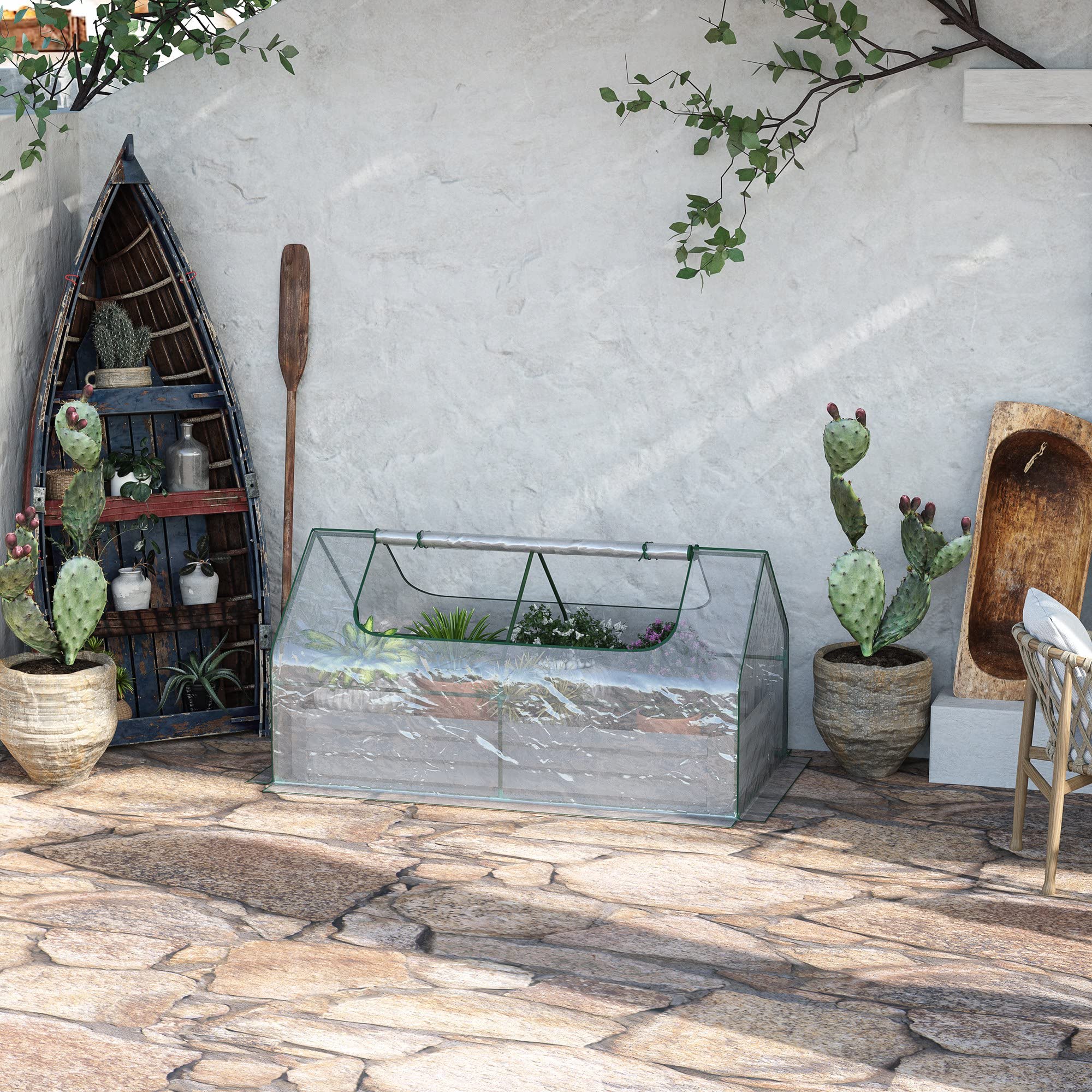Outsunny Cama elevada de jardín con Invernadero, Maceta de Acero con Cubierta de plástico, Ventana Enrollable, Doble Uso para Flores, Verduras, Frutas y Hierbas, 185 x 95 x 92 cm, Transparente