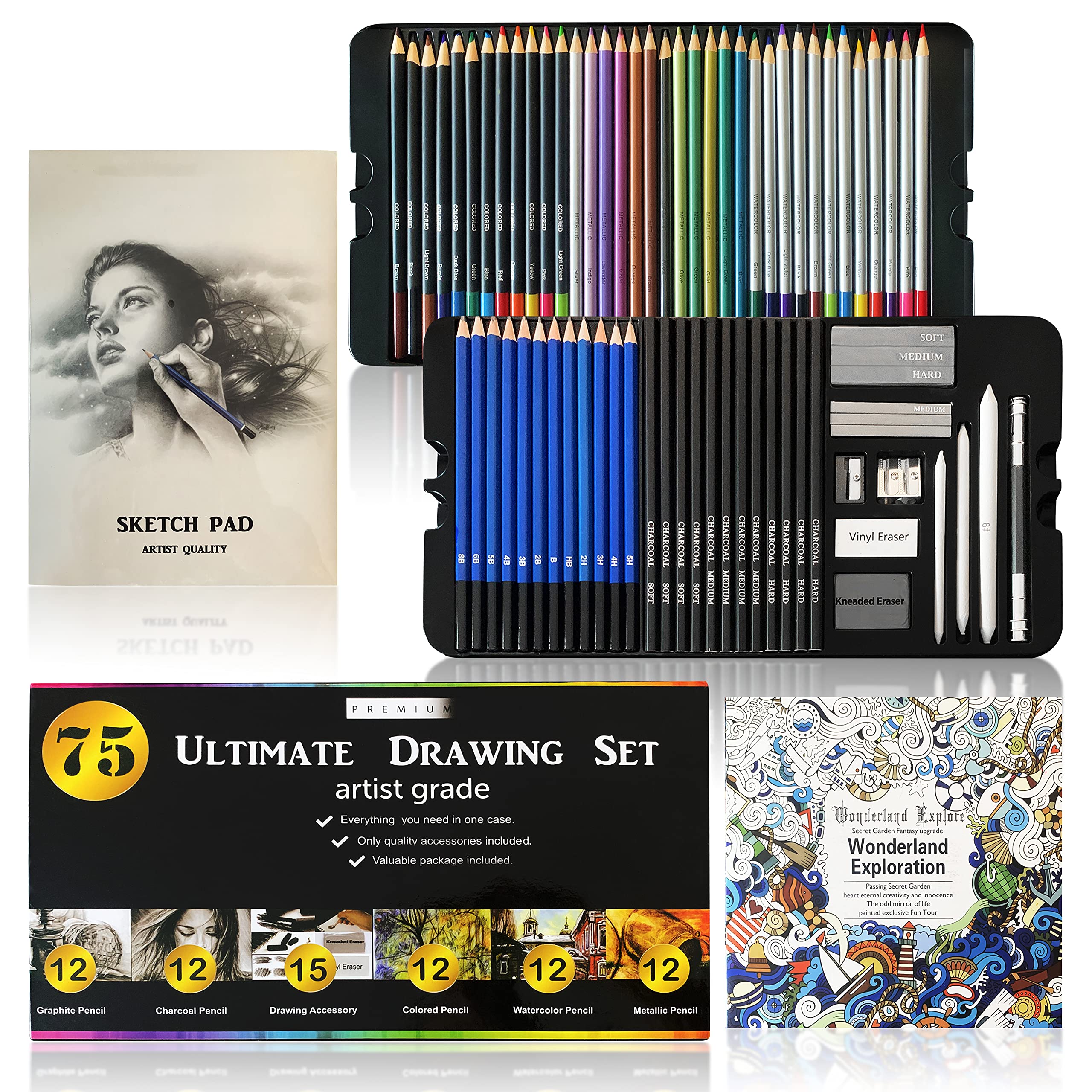 75 pcs Ultimate Drawing Art Set With 1 Sketch Pad & 1 Additional Coloring Book in Quality Cardboard Box for Artists, Kids & Beginners/Sketching, Shading, Painting