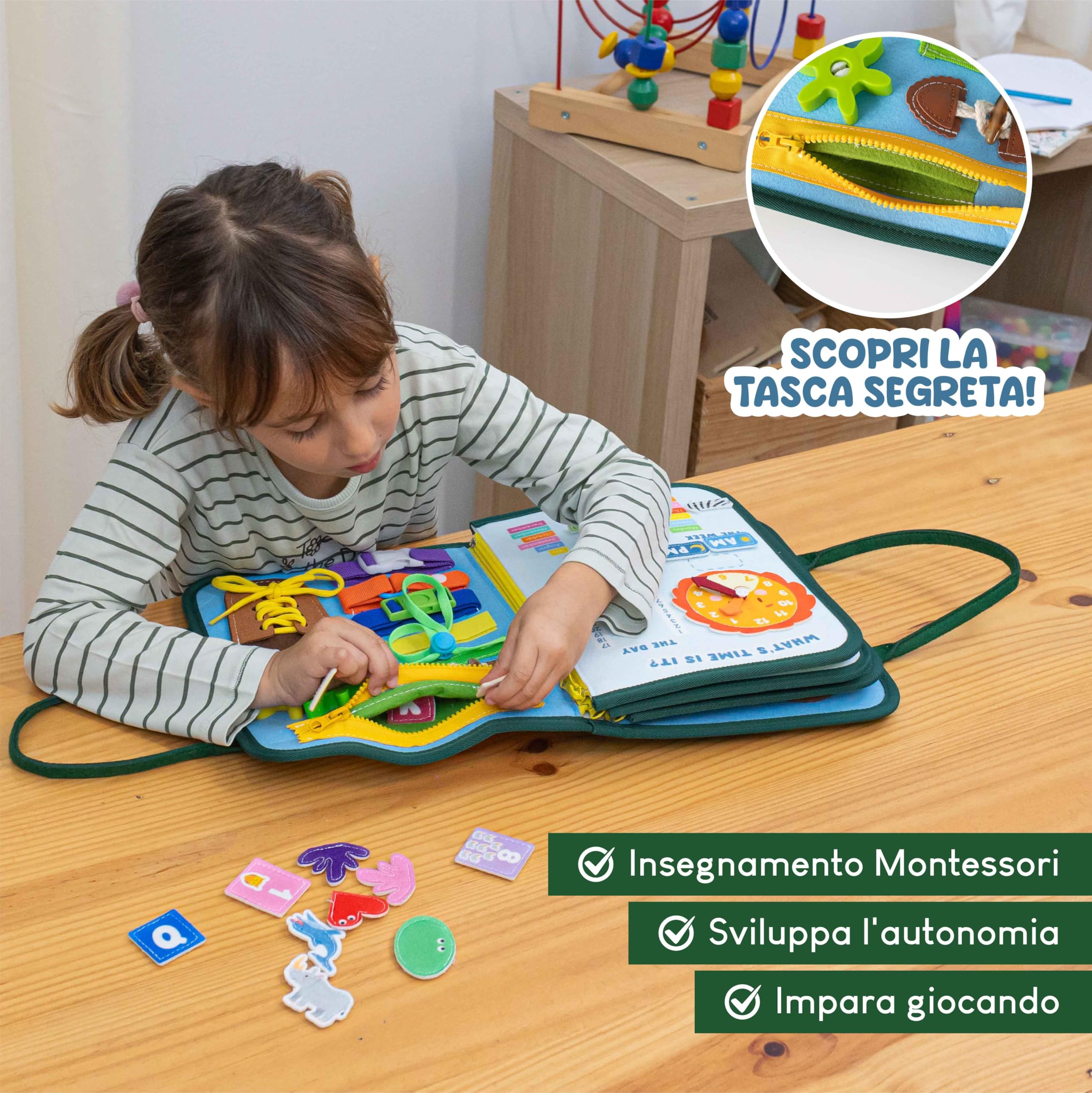 BONNYCO Montessori Busy Board Feltro. Valigetta Giochi Montessori Didattici, Pannello Sensoriale Bambini Board. Giochi Bambini 1 2 3 4 5 6 Anni, Regalo Bambino Bambina Bimbo Book Compleanno Natale