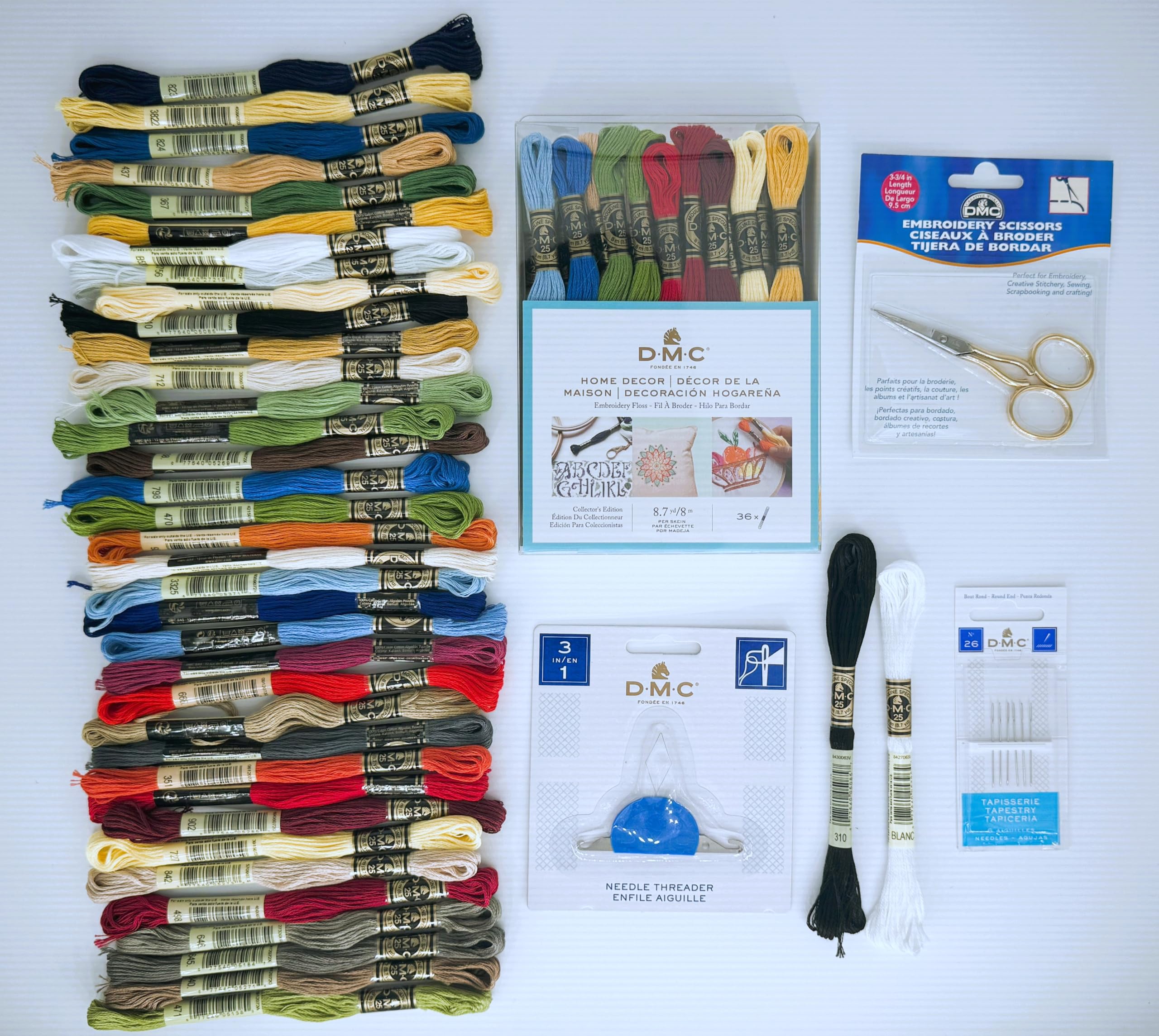 DMC Embroidery Floss Pack, Home Decor, DMC Floss Kit Include 36 Assorted Color Bundle with DMC Mouline Cotton White/Black, DMC Tapestry Hand Needles, DMC Embroidery Scissors, and DMC Needle Threader