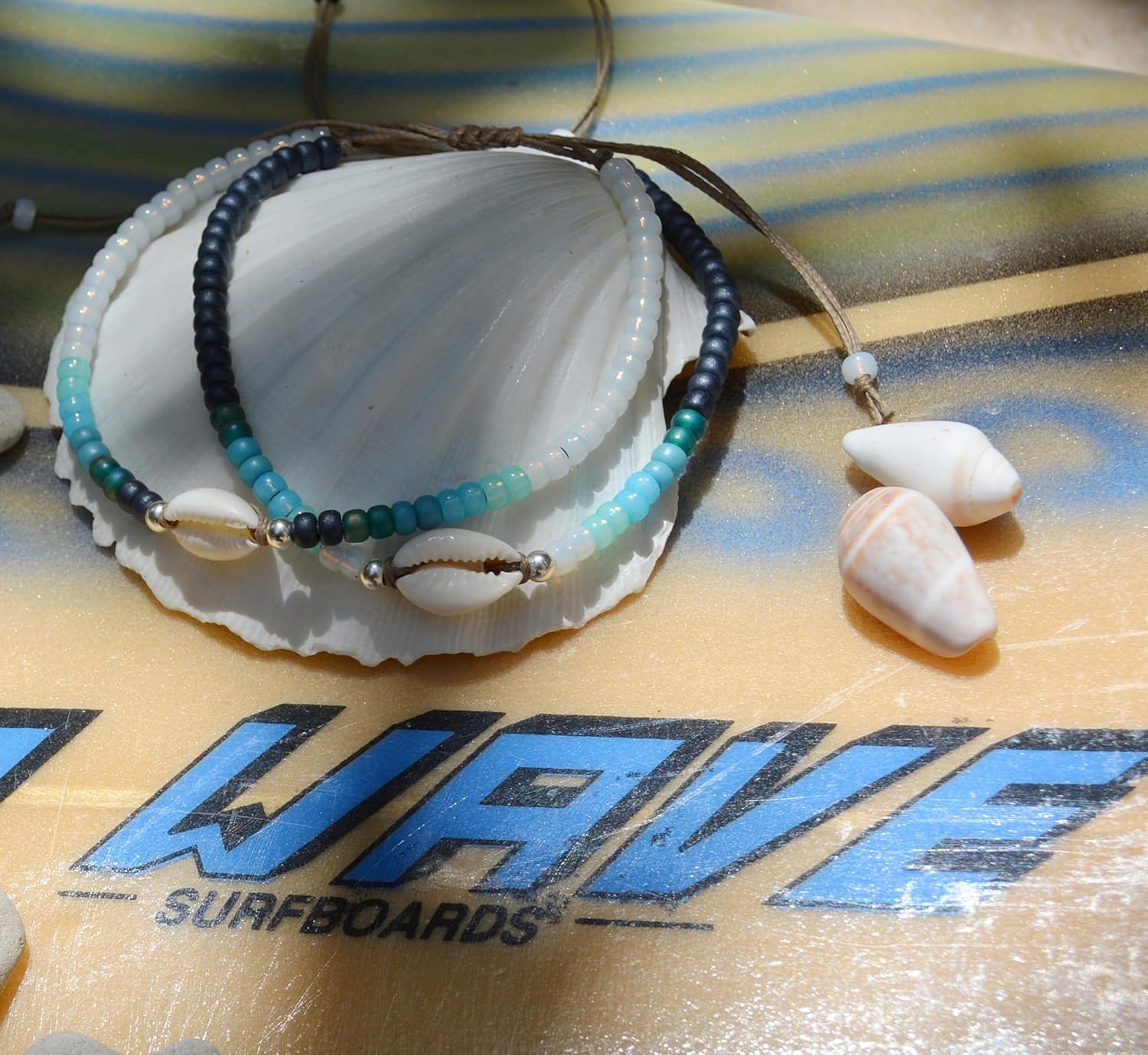 Shell Anklet for Women, Natural Cowrie Seashell Adjustable Waterproof Beaded Ankle Bracelet, Blue Turquoise Aqua Beads, Boho Beach Summer Hawaiian, Handmade by Tribes - Image 5