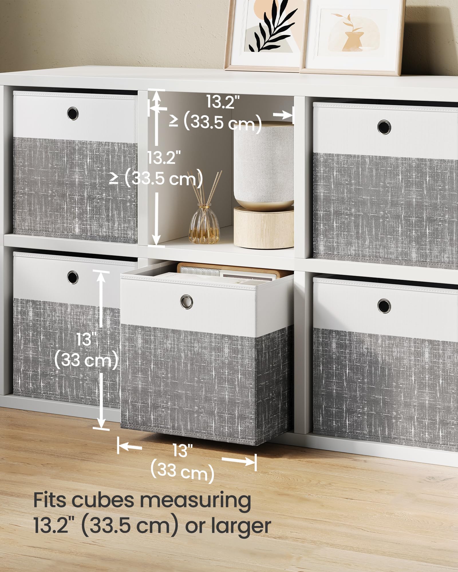 SONGMICS Set di 6 scatole portaoggetti pieghevoli in tessuto, con manici, per mensole armadio, inodore, 33 x 33 x 33 cm, grigio nuvola e grigio cattail URFB433GM02