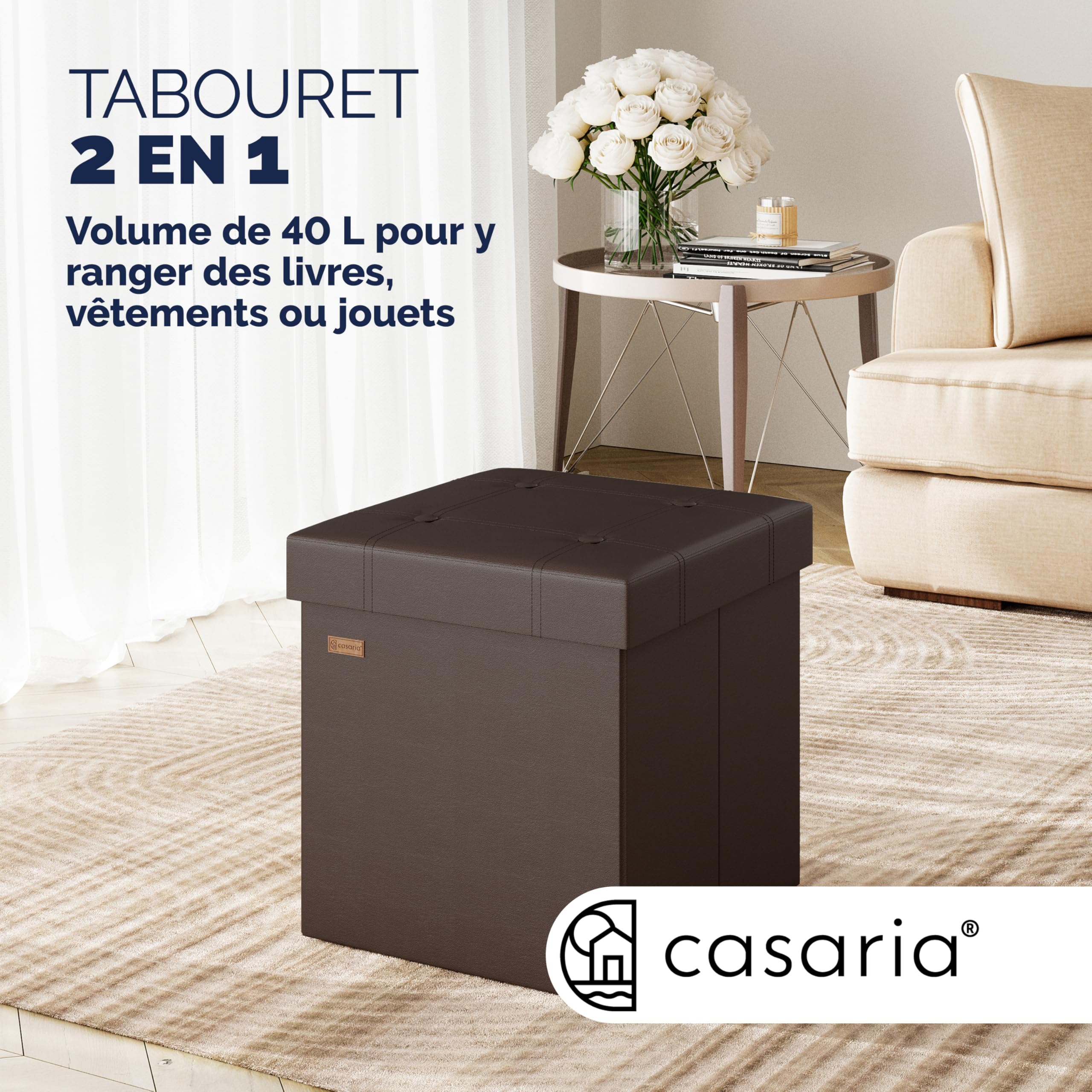 Casaria® 2X Tabouret Cube Brun avec Espace de Rangement Pouf 38 x 38 x 38 cm Coffre de Rangement Similicuir Repose-Pied