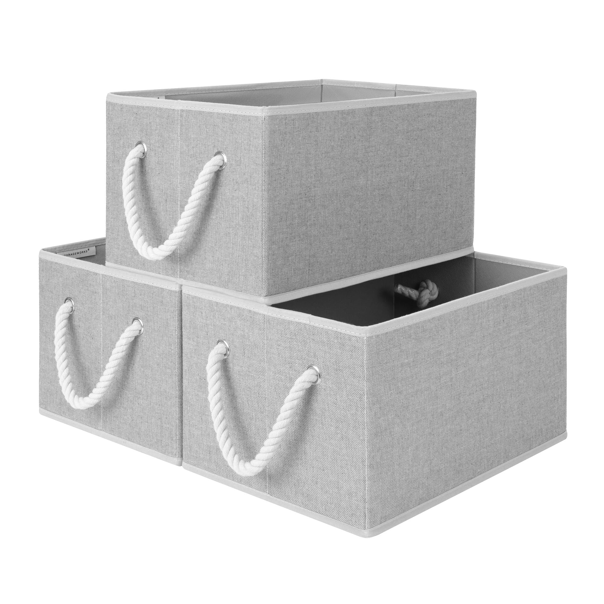 StorageWorks Closet Organizers with Handles, Rectangular Storage Baskets for Shelves, Foldable Closet Storage Bins for Linen Closet, 3-Pack, Gray