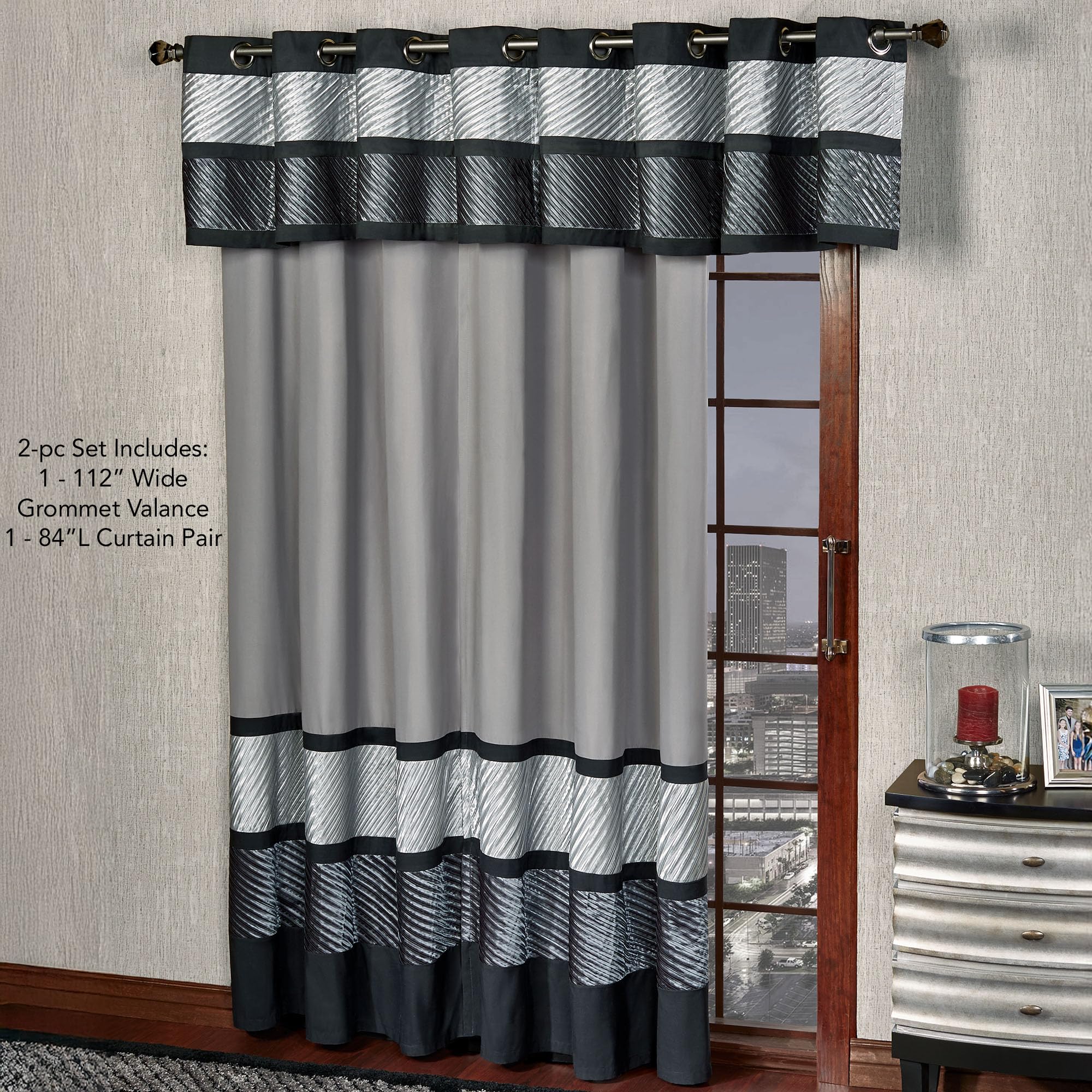 Omega Contemporary Luxury Window Treatment | Sophisticated | Silver, Gray, Charcoal, Black | Pleated | Silky Polyester Satin | 2 Piece Window Set: 84L Grommet Patio Panel and 112W Grommet Valance