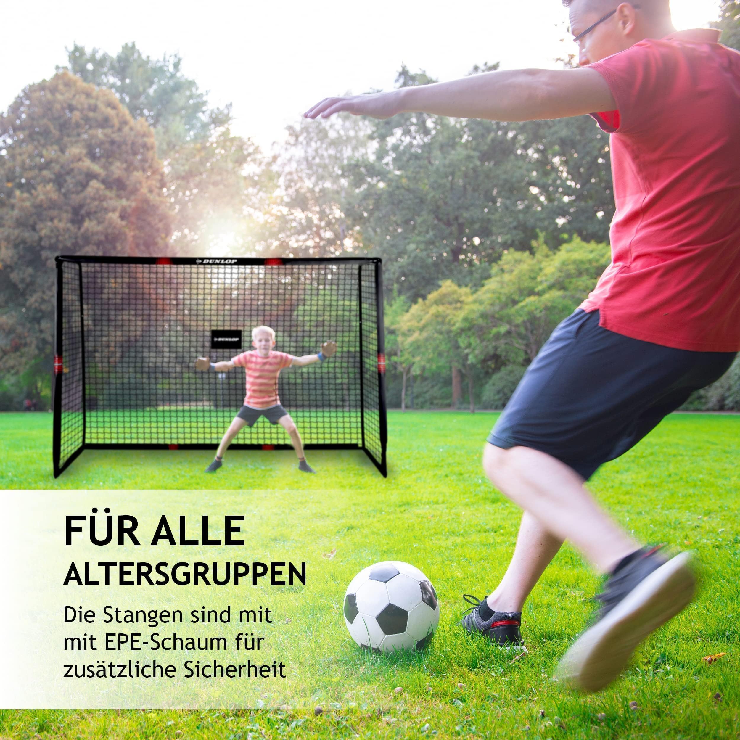 Dunlop Fußballtor - 240 x 160 x 85 cm - Metall - Fußballtrainingszubehör für alle Altersgruppen - Montaje Einfache - Schwarz/Rot