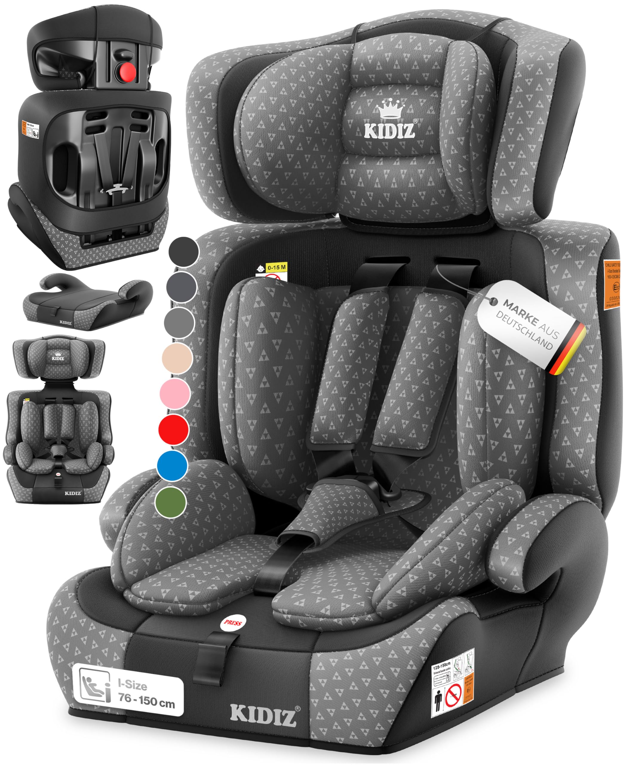 KIDIZ® Autokindersitz i-Size R129 100-150 cm bis 12 Jahre – Kinderautositz Gruppe 1/2/3 ohne Isofix, mitwachsender Kindersitz, 5-Punkt-Gurt, höhenverstellbare Kopfstütze, Sitzerhöhung Auto, Grau