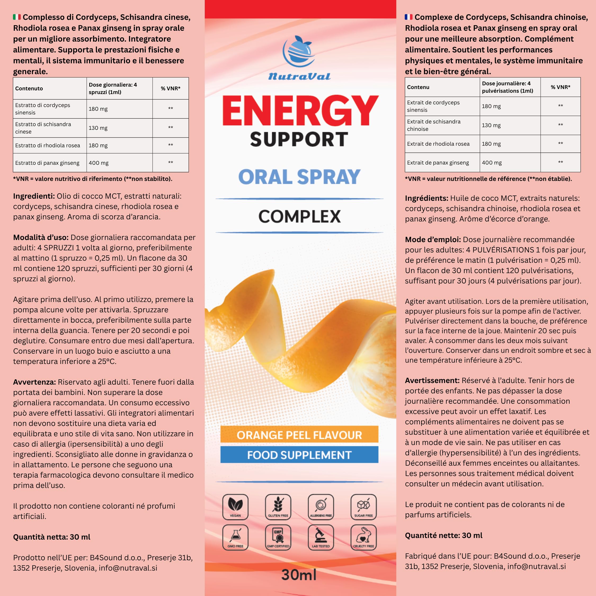 Spray Orale Energia – Assorbimento rapido – senza compresse – con Cordyceps, Rhodiola, Ginseng e Schisandra – Contro la stanchezza e per più energia – Vegano, 30 ml