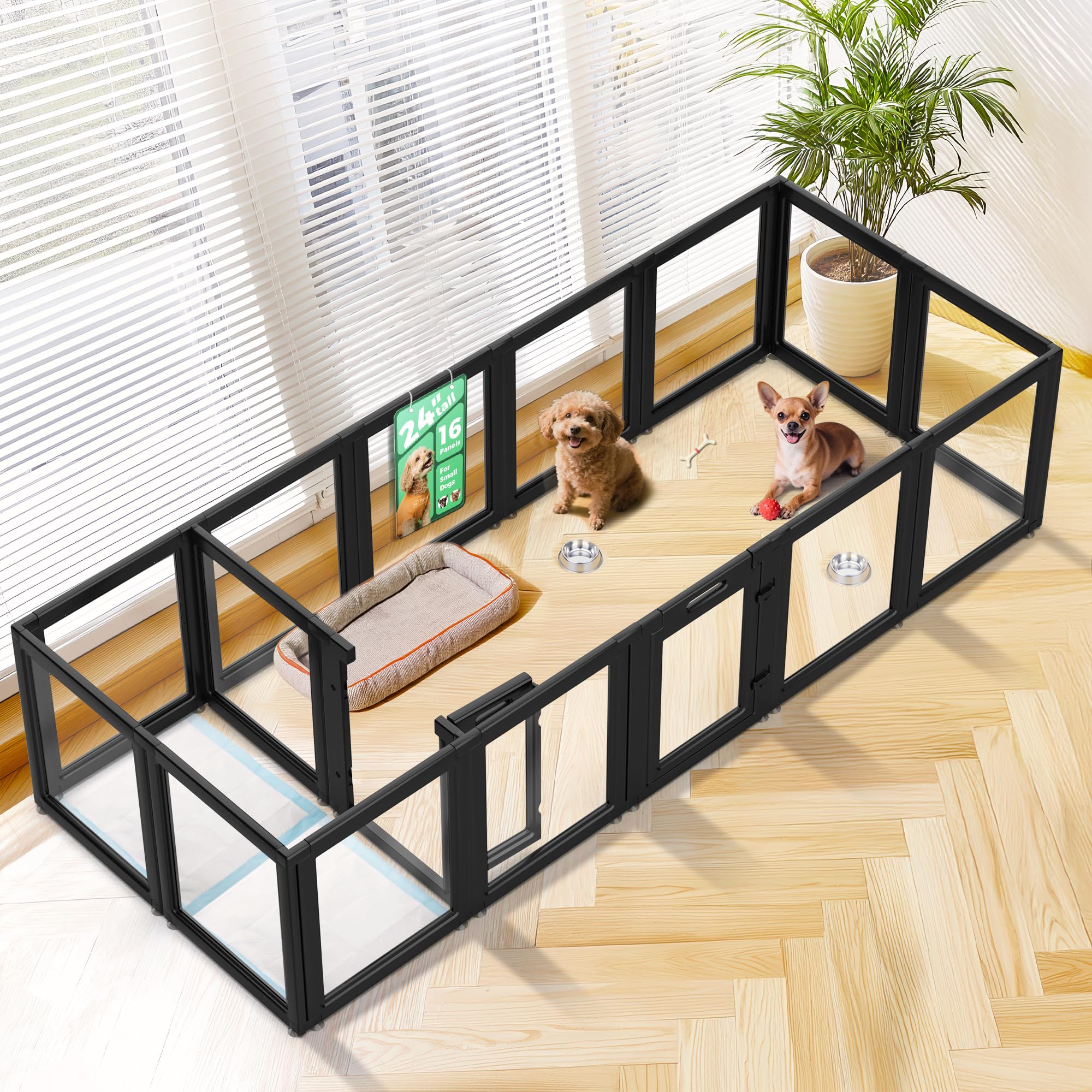 FXW AuraSpace Clear Acrylic Indoor Dog Playpen, 24" H, 16 Panels, Black