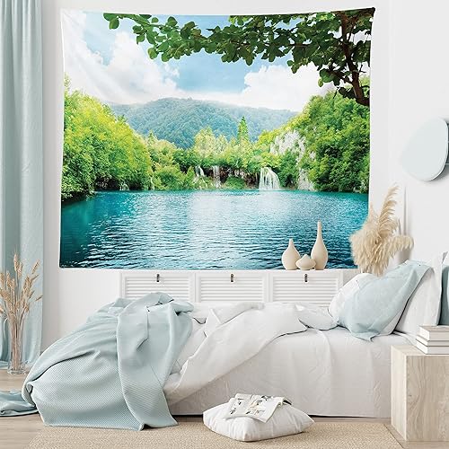 Miniatura 5 de Ambesonne Tapiz rústico, lago en bosque profundo alimentado por varias cascadas en verano, impresión idílica de vista, colgante de pared ancho para