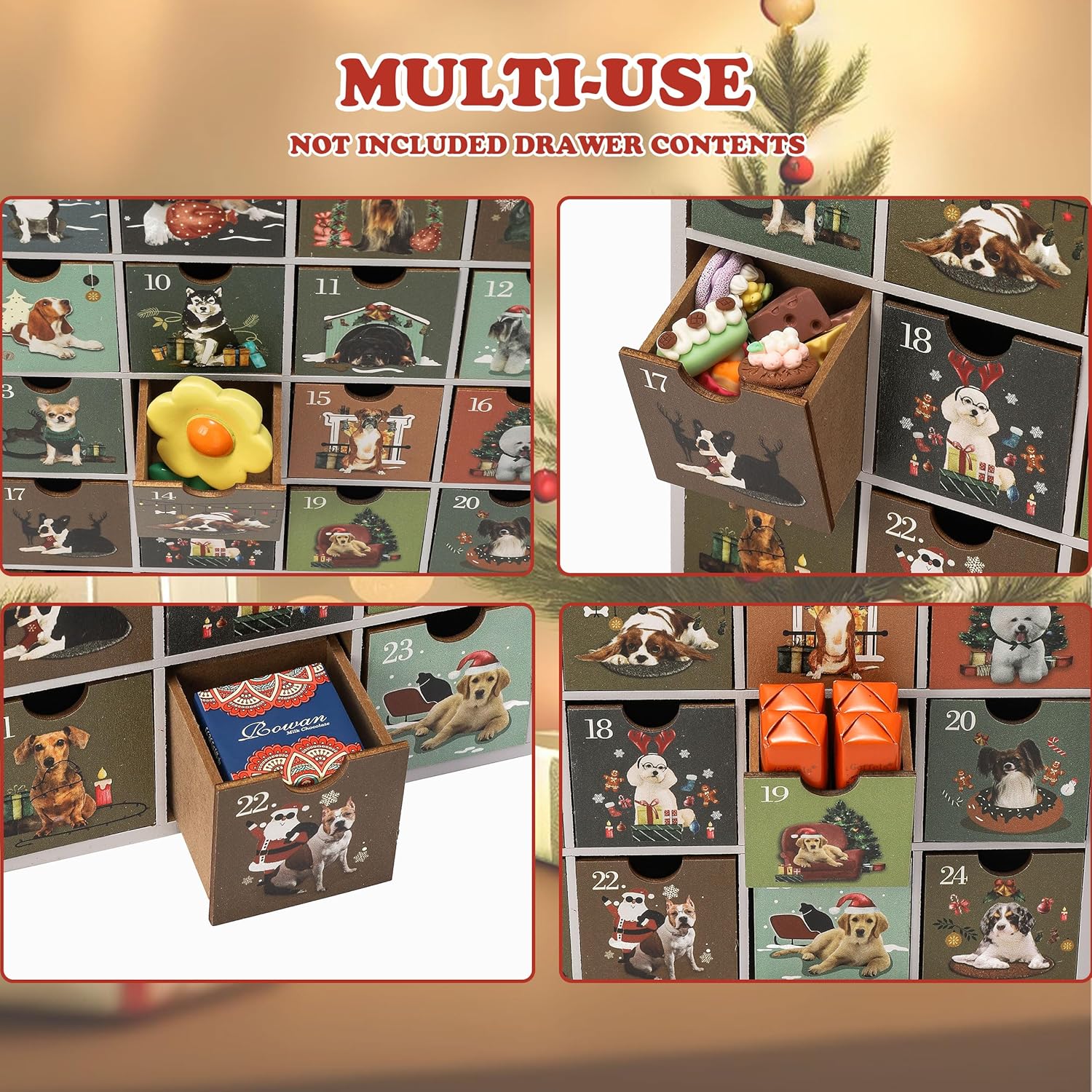 SUNGIFT Wooden Advent Calendar, Dog Wood Reusable Advent Calendar with 24 Drawers, 13 Inch Countdown to Christmas Empty Refillable Advent calendar to Fill 2025