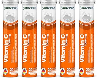 Nutrazul Vitamin C 1000mg Effervescent Tablets - Orange (Pack of 5 X 20) | 100 Days Supply | Gluten Free, Lactose Free, Sugar Free & Preservative Free | Maintains Immune Function, Healthy Skin, Bones, Cartilage, Teeth & Gums