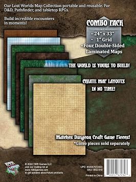 Dungeon Craft Battlemaps Board Game, Battle Mat for Dungeons and Dragons, Double-Sided Gloss Laminated DND Mat, Wet and Dry Erase Board, Table Top Games, 24x33/1 Grid (Set of 4)