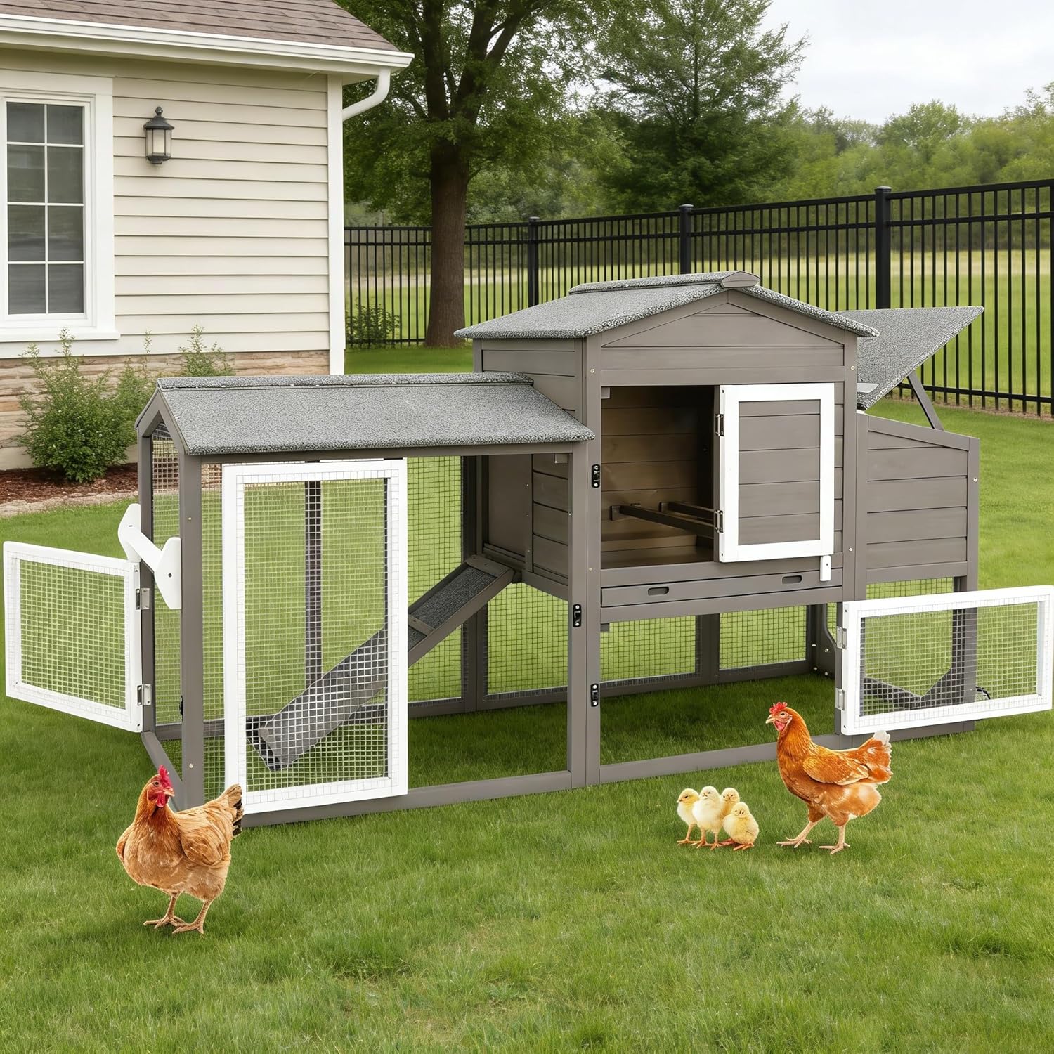 Ketive Wooden Chicken Coop with Run and Nesting Box, Outdoor Asphalt Waterproof Hen House with Removable Tray, Secure Chicken Rabbit Hutch for Backyard Garden (RED)